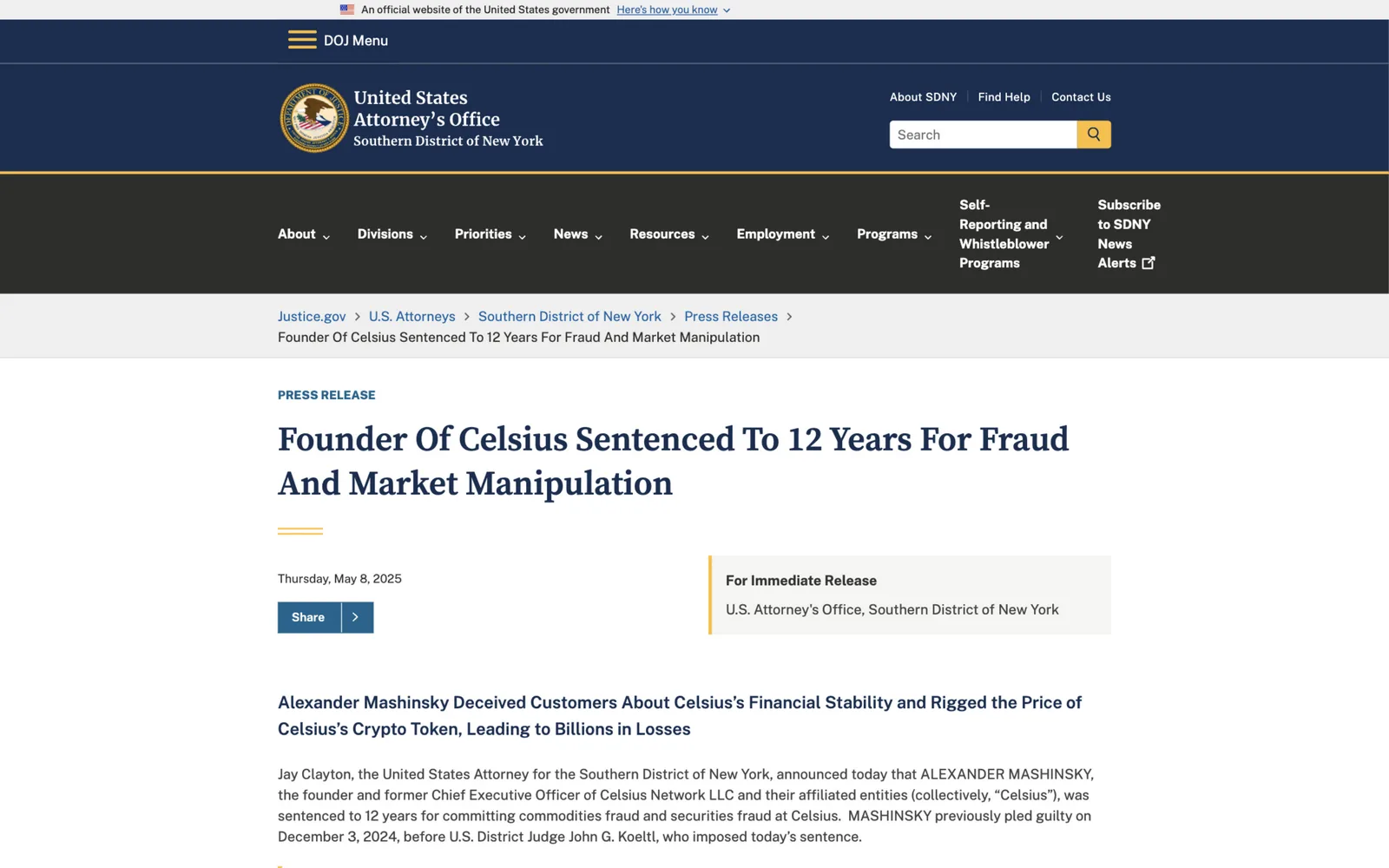US Department of Justice press release dated May 8, 2025 announcing that Celsius founder Alexander Mashinsky was sentenced to 12 years for fraud and market manipulation