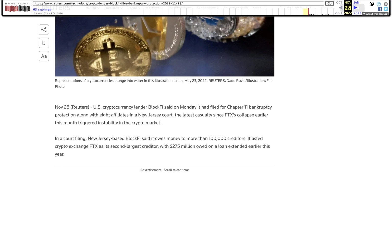 Reuters report from November 28, 2022 saying BlockFi filed Chapter 11 in New Jersey with more than 100,000 creditors and FTX owed $275 million as second-largest creditor