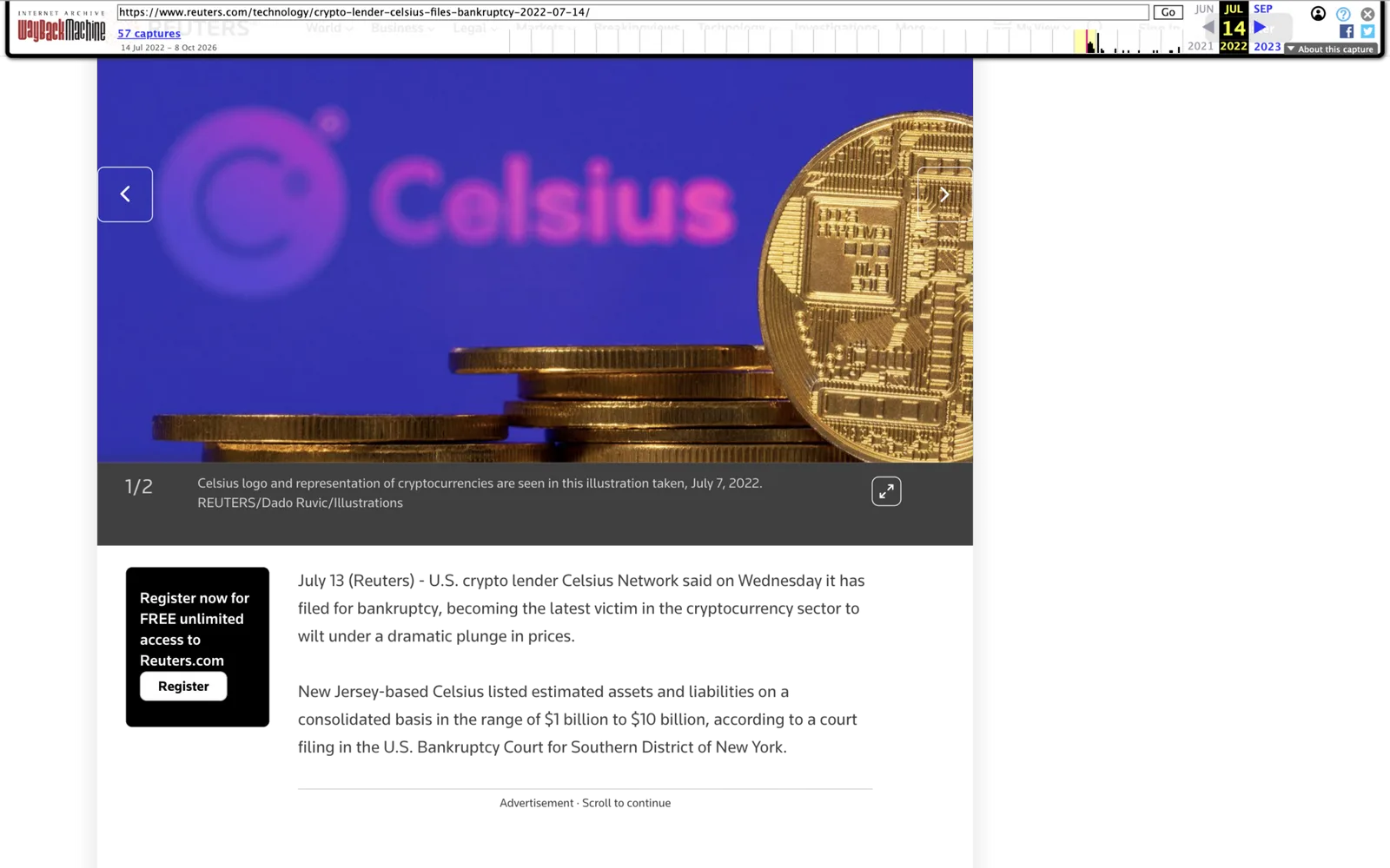 Reuters headline from July 14, 2022 reading 'Crypto lender Celsius files for bankruptcy' above a court filing in the Southern District of New York
