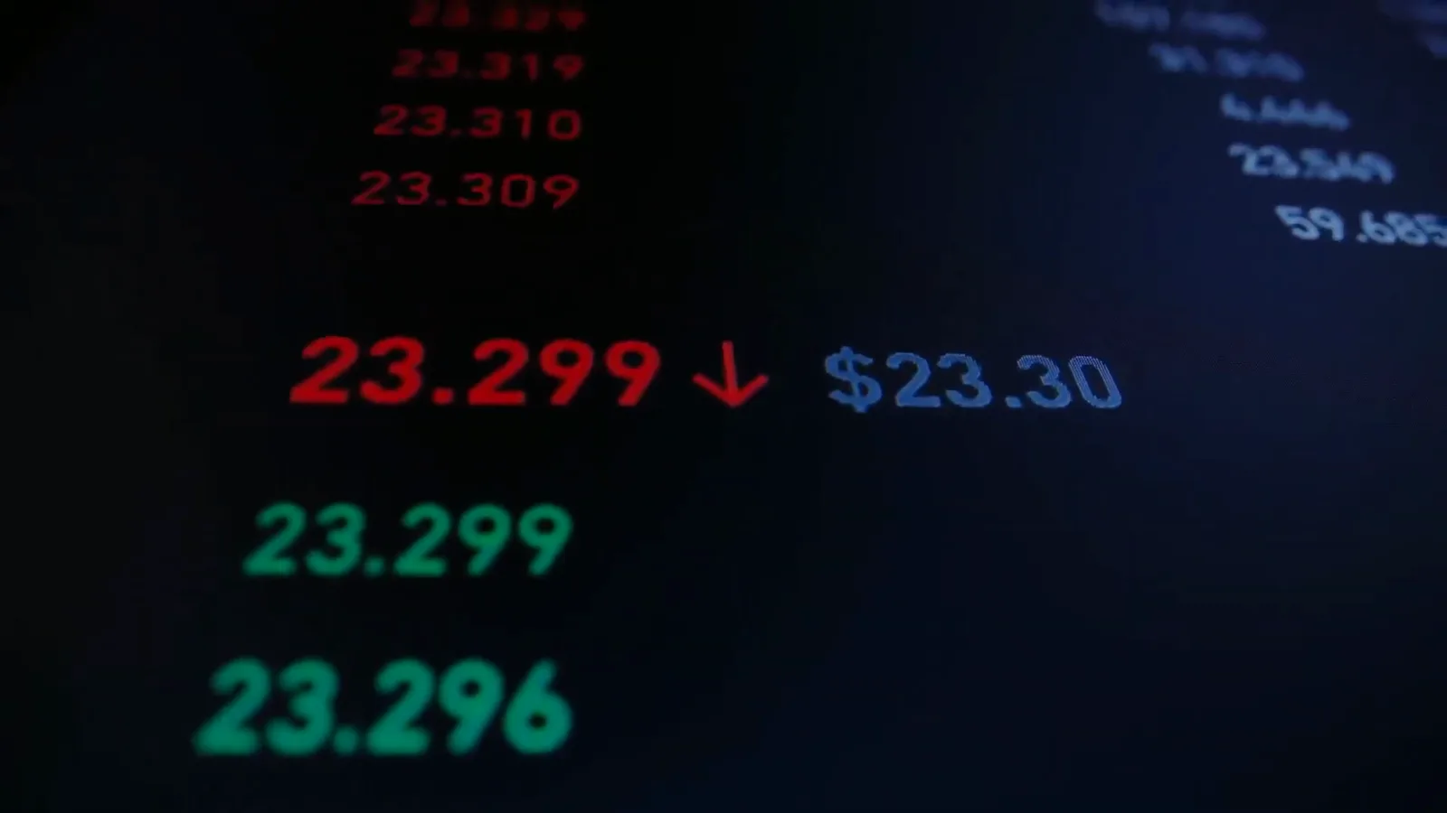 Red digital price ticker showing an altcoin quote sliding from 23.309 to 23.296 dollars during the 2018 token collapse Red digital price ticker showing an altcoin quote sliding from 23.309 to 23.296 dollars during the 2018 token collapse