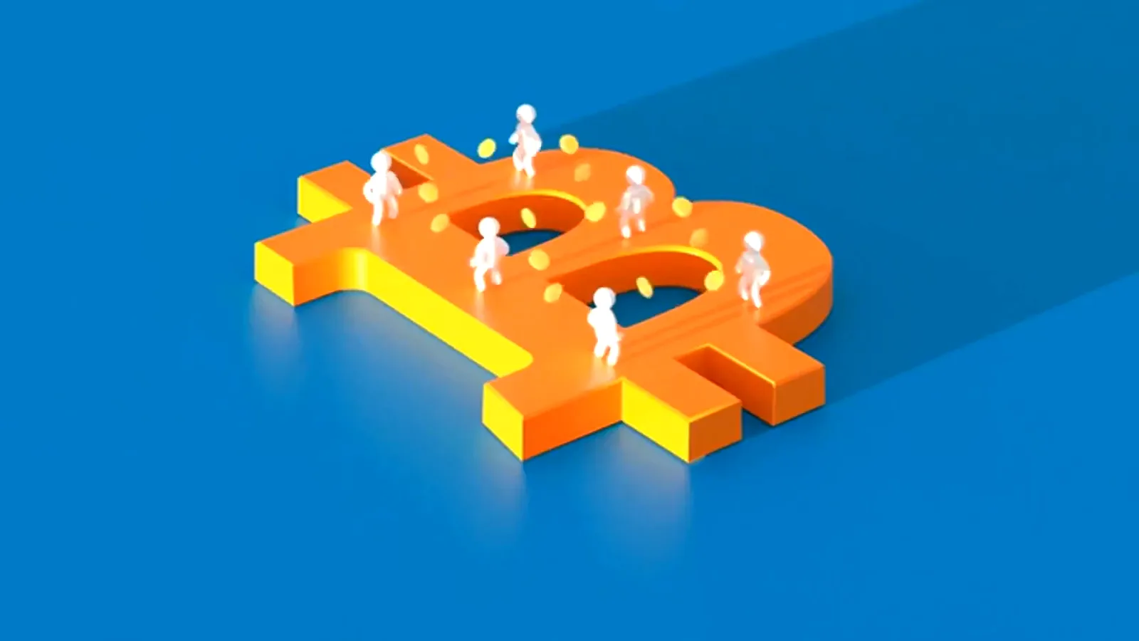 Three-dimensional Bitcoin logo with tiny figures chiseling around it, illustrating the miners forced to pick sides in the November 2018 hash war Three-dimensional Bitcoin logo with tiny figures chiseling around it, illustrating the miners forced to pick sides in the November 2018 hash war