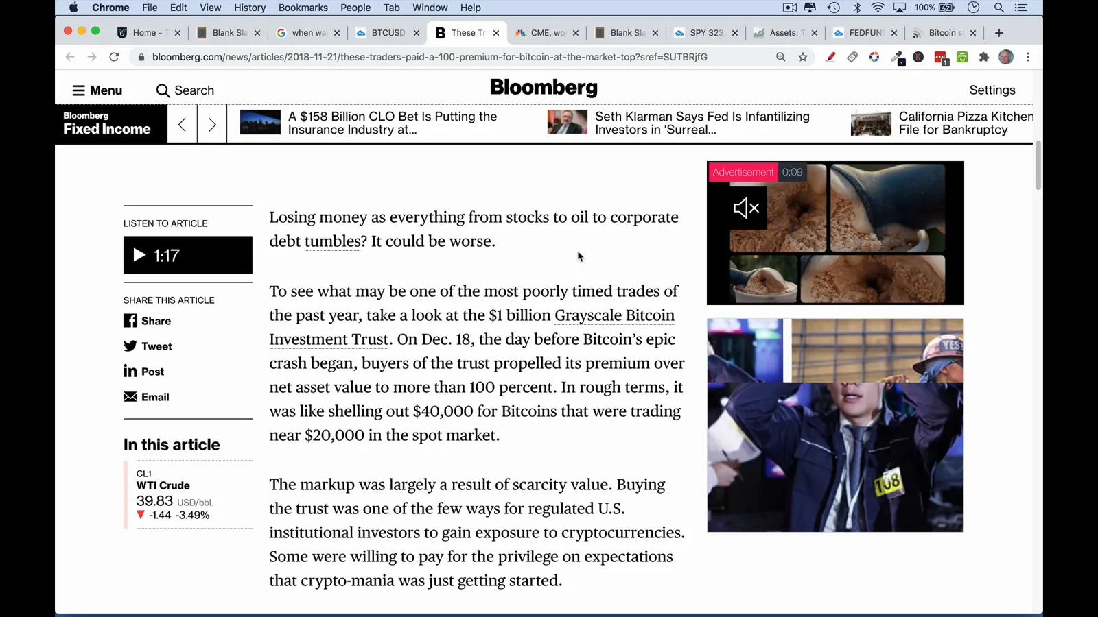 Bloomberg article reporting the Grayscale Bitcoin Trust trading at an 80 to 100 percent premium while Bitcoin topped out near $20,000 on the spot market Bloomberg article reporting the Grayscale Bitcoin Trust trading at an 80 to 100 percent premium while Bitcoin topped out near $20,000 on the spot market