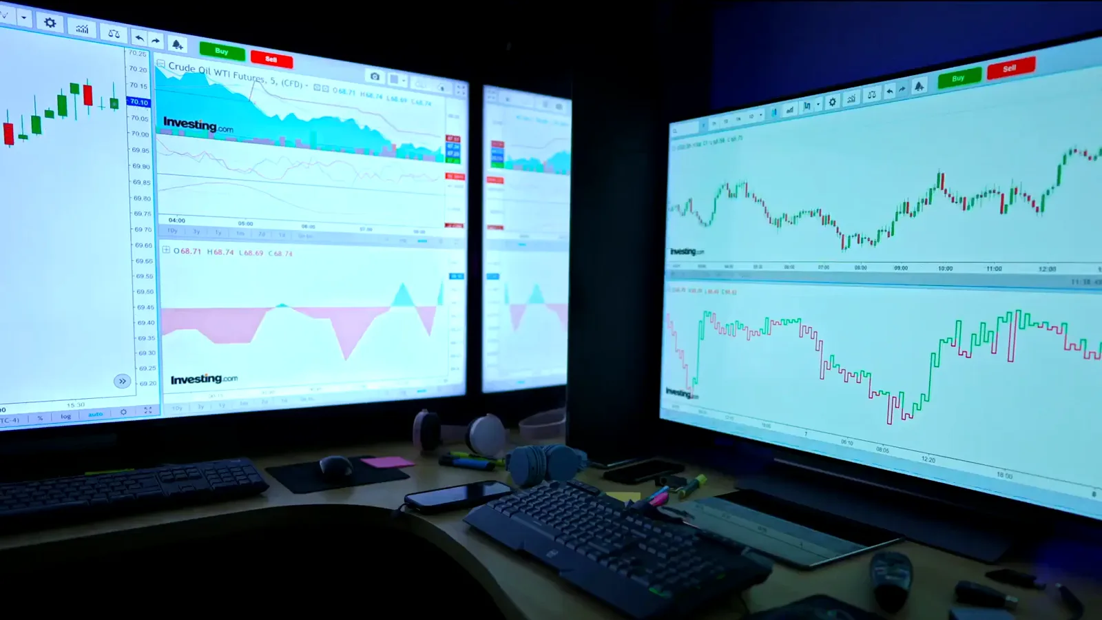 Dual-monitor trading station with cryptocurrency charts glowing on both screens, the working infrastructure that survived the winter Dual-monitor trading station with cryptocurrency charts glowing on both screens, the working infrastructure that survived the winter