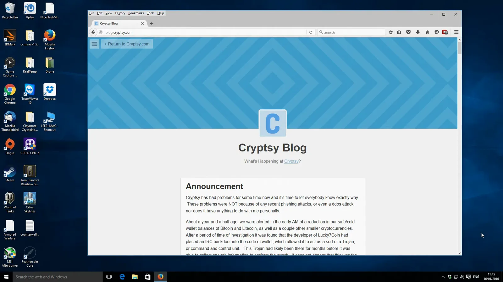 Archived Cryptsy Blog Announcement post of January 15, 2016 opening with the admission that the exchange had hidden problems for some time