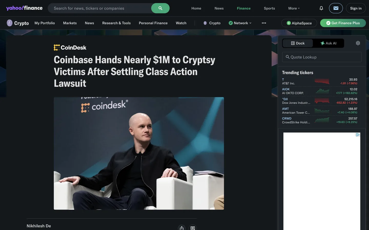 Yahoo Finance republication of the CoinDesk story Coinbase Hands Nearly 1M dollars to Cryptsy Victims After Settling Class Action Lawsuit