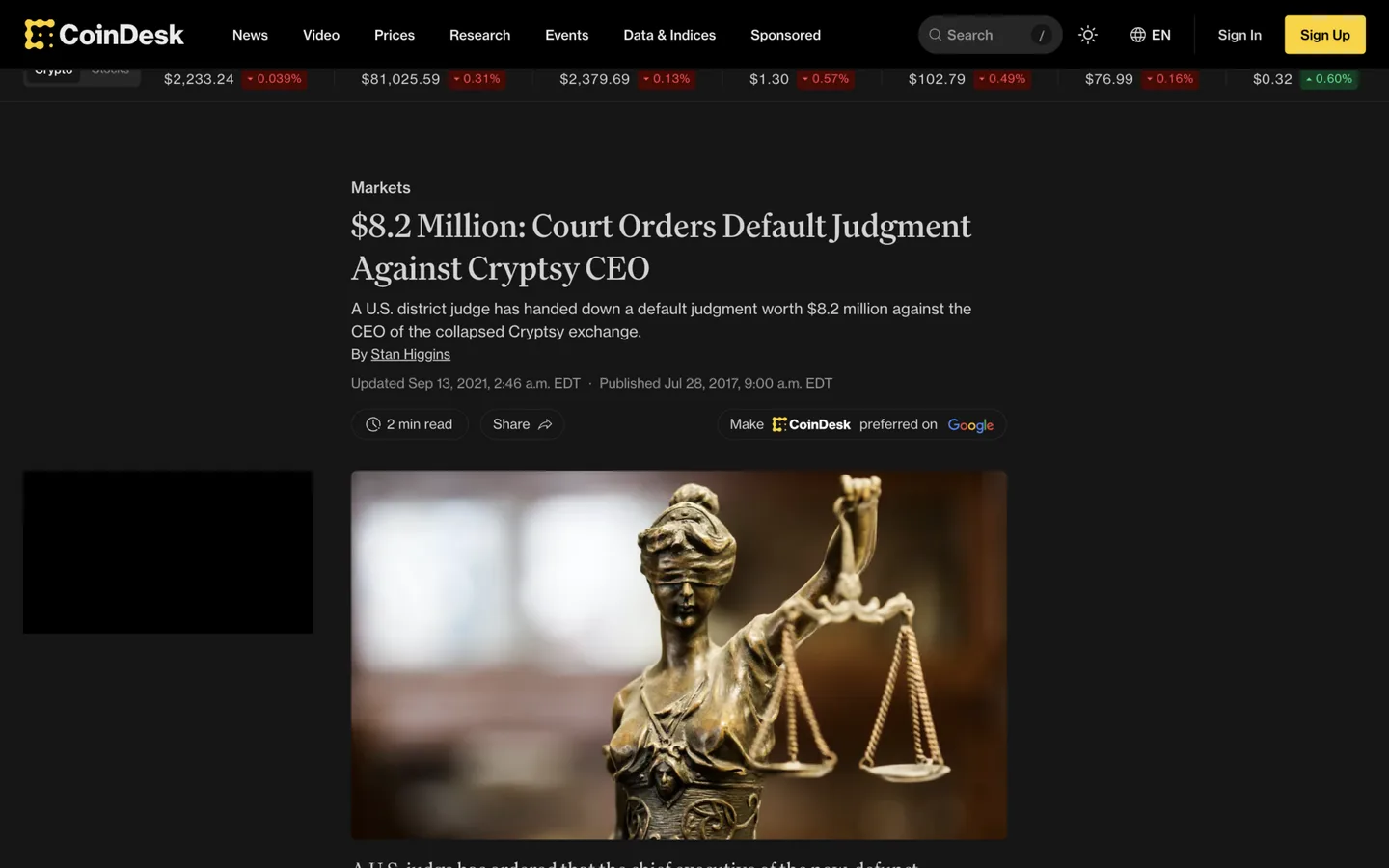 CoinDesk article of July 28, 2017 announcing the 8.2 million dollar default judgment that Judge Kenneth Marra entered against Cryptsy CEO Paul Vernon