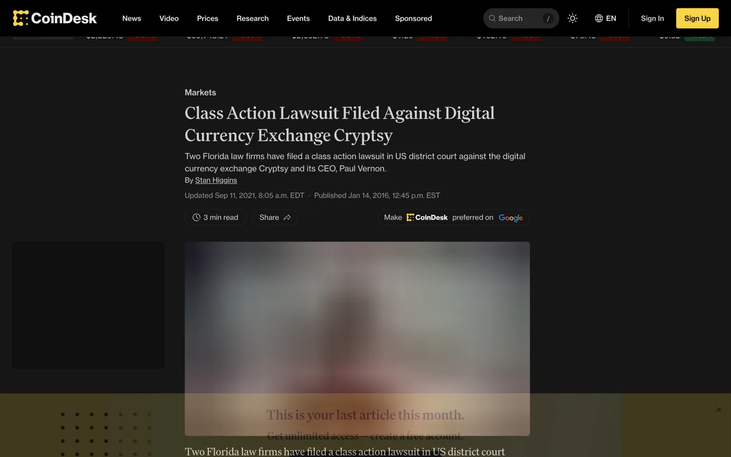 CoinDesk article of January 14, 2016 reporting the class action filed against Cryptsy and CEO Paul Vernon by two Florida law firms in US district court