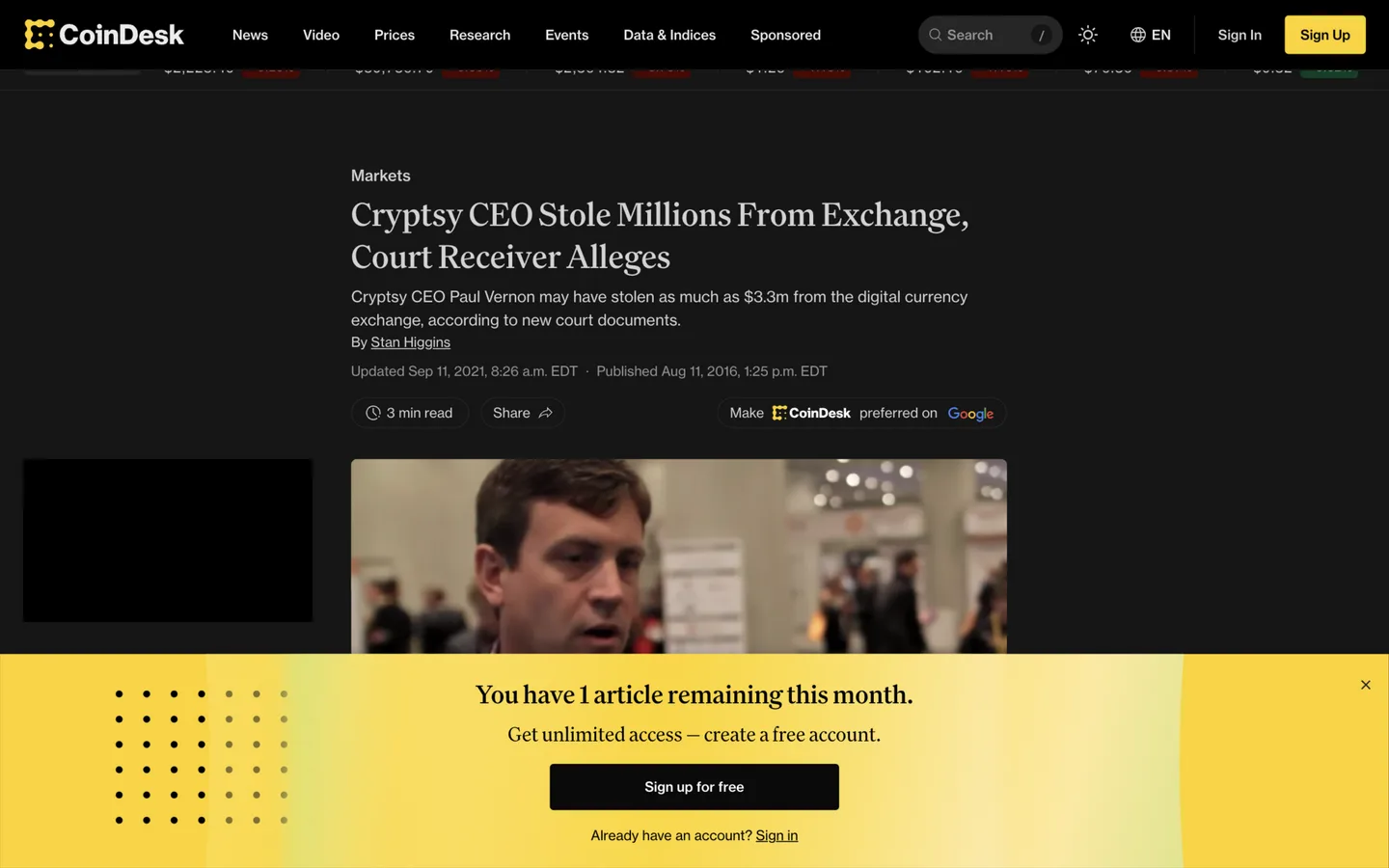 CoinDesk report from August 11, 2016 headlined Cryptsy CEO Stole Millions From Exchange Court Receiver Alleges over receiver James Sallah's findings