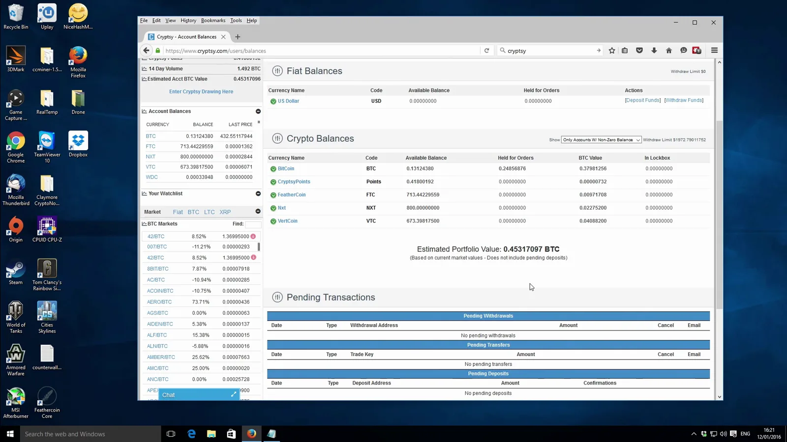 Cryptsy account dashboard from January 12, 2016 showing an estimated portfolio of 4.45 BTC with flat balances, crypto balances and a pending transactions queue