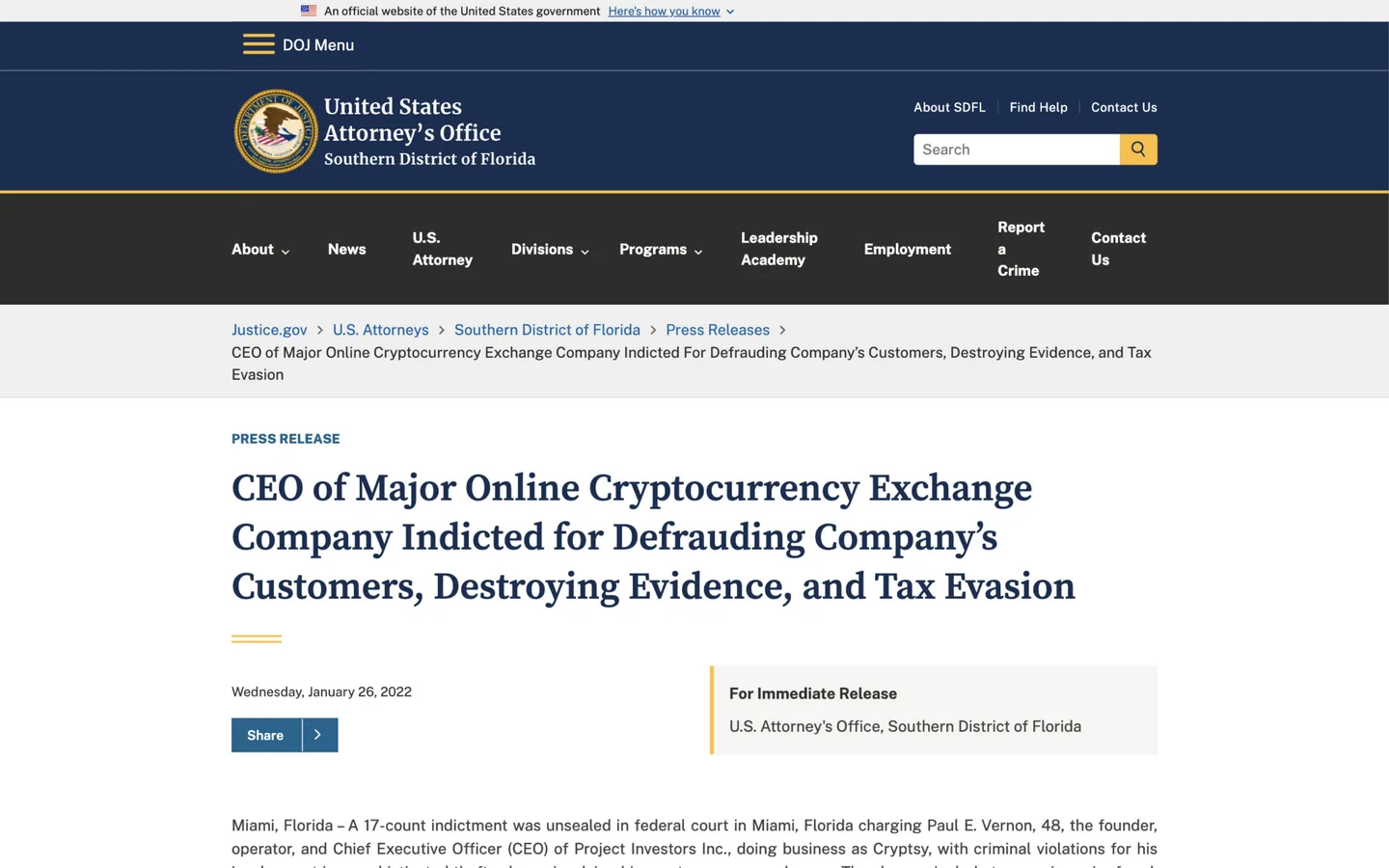 Justice Department press release from January 26, 2022 announcing a 17-count indictment of Cryptsy founder Paul E. Vernon for defrauding customers, destroying evidence and tax evasion
