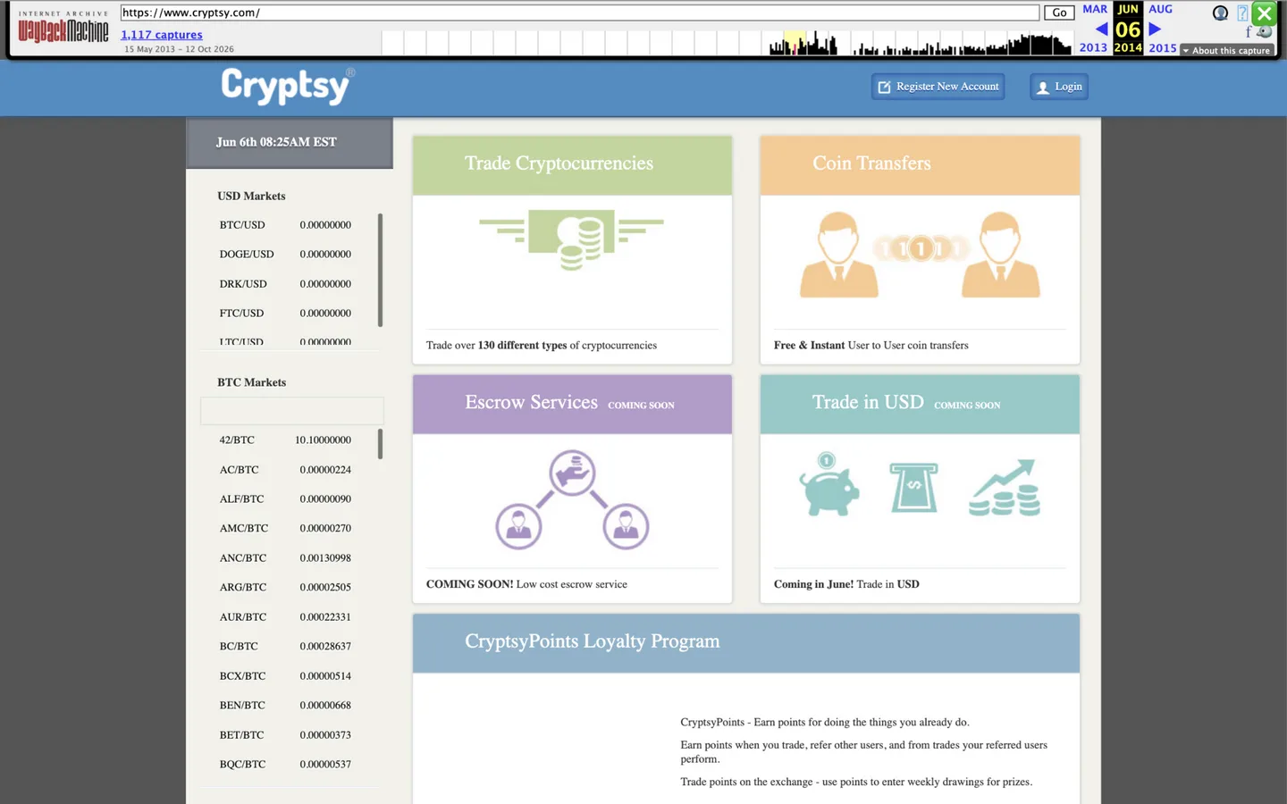 Wayback Machine capture of cryptsy.com from June 2014 advertising trades in over 130 different cryptocurrencies beside a sidebar listing USD and BTC markets