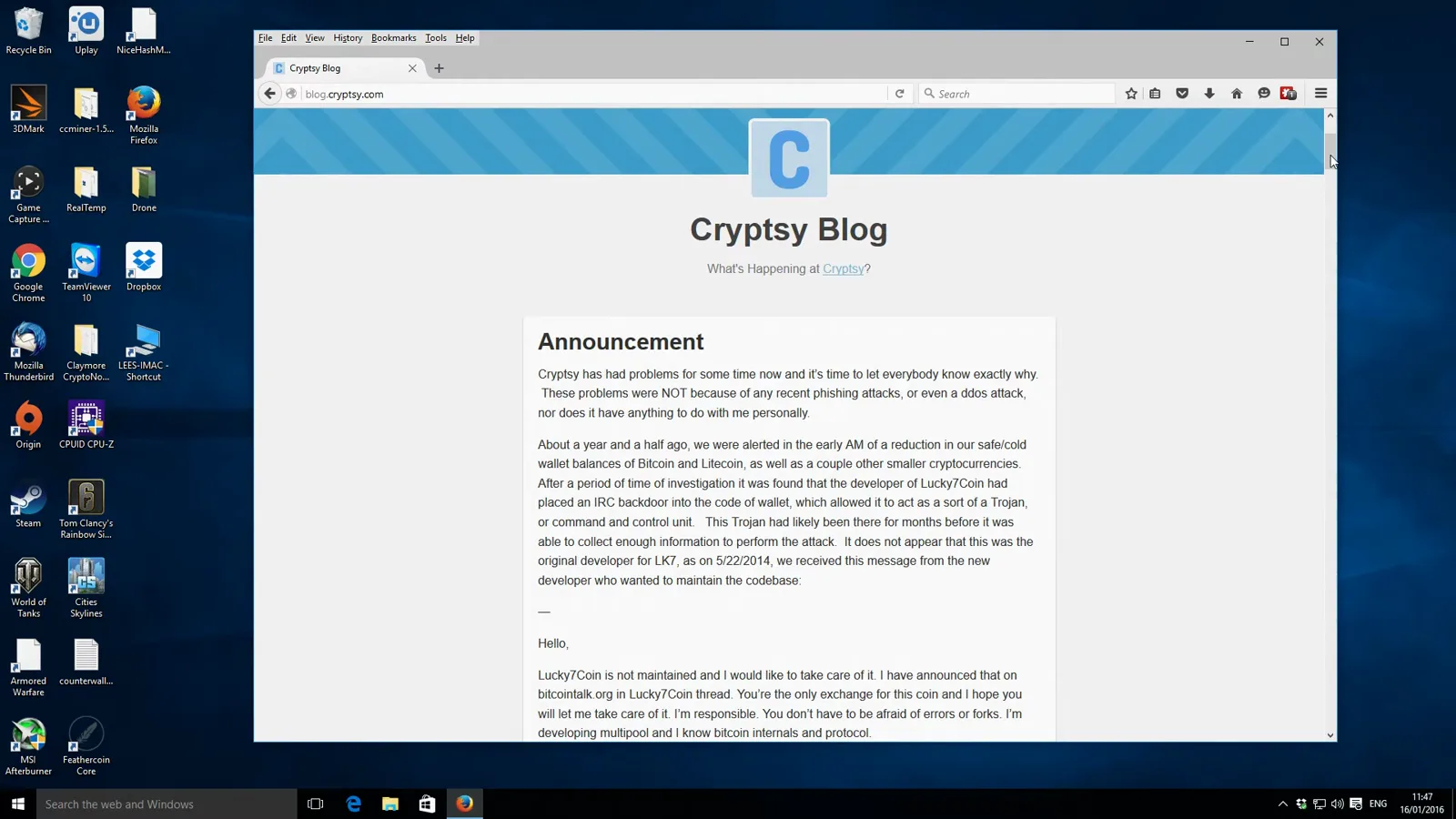Cryptsy blog statement blaming a Lucky7Coin IRC backdoor, with the May 2014 message from the coin's new developer Jack asking the exchange to upgrade its wallet