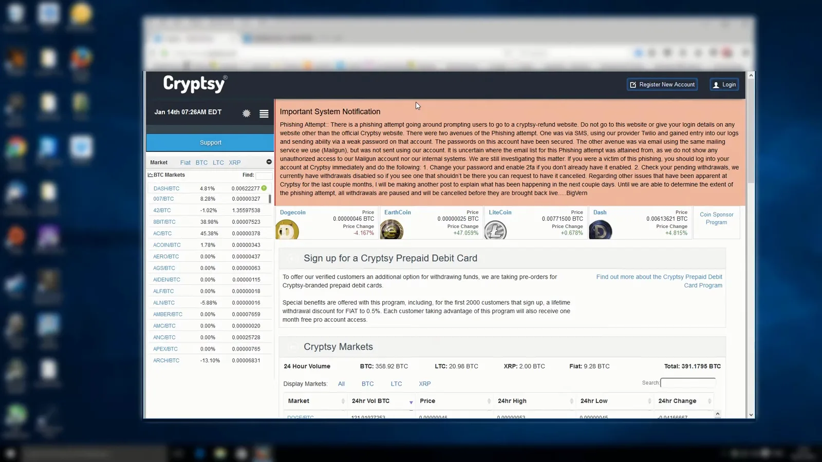 Cryptsy dashboard on January 14, 2016 with an orange Important System Notification banner signed BigVern warning users about a phishing attempt through Twilio and Mailgun