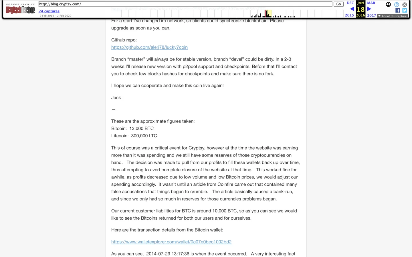 Wayback Machine capture of the Cryptsy blog listing the approximate figures taken as 13,000 BTC and 300,000 LTC with customer liabilities of around 10,000 BTC