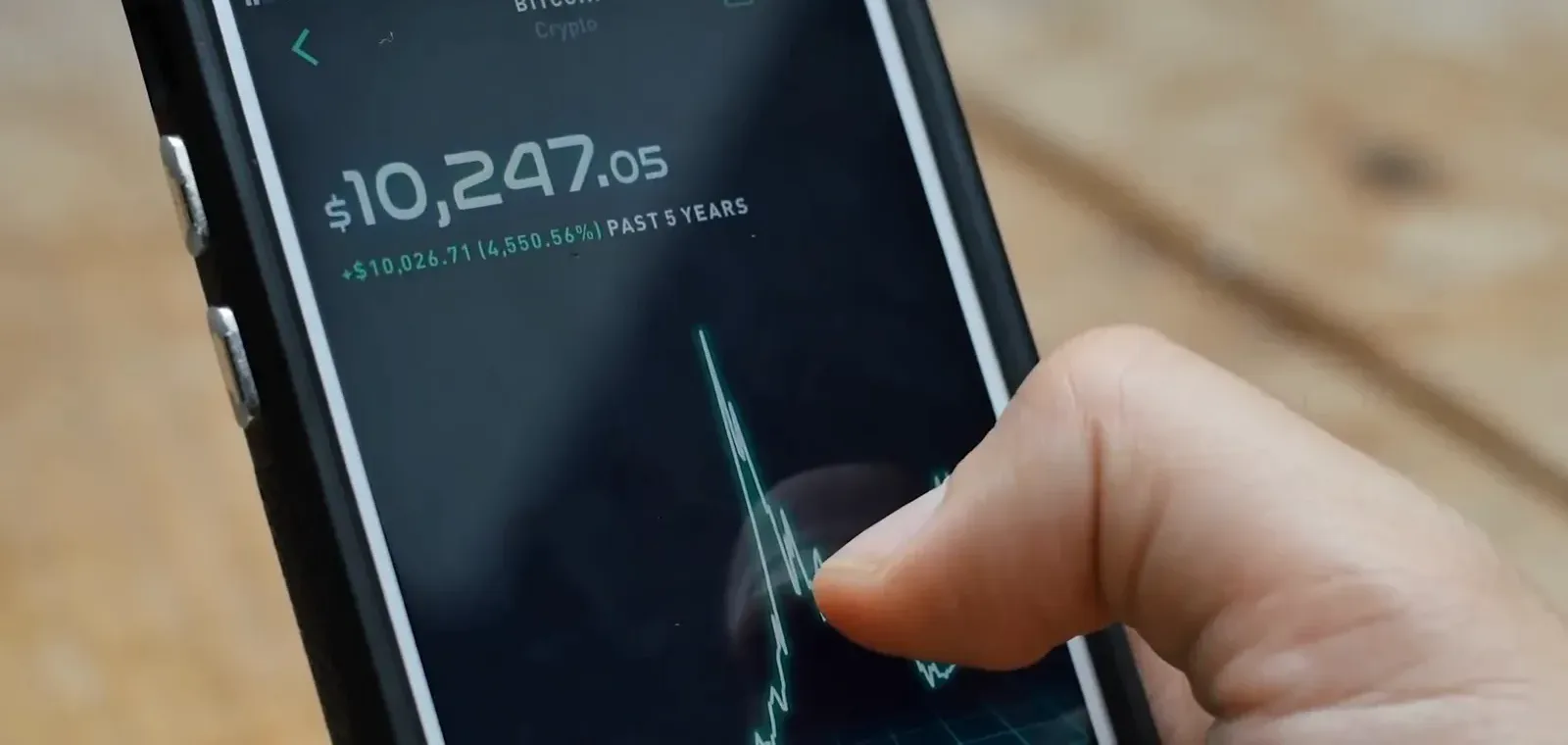 Finger tracing a falling price line on a smartphone trading app showing 10,247 dollars, the kind of volatility that greeted bitcoin's first day as legal tender Finger tracing a falling price line on a smartphone trading app showing 10,247 dollars, the kind of volatility that greeted bitcoin's first day as legal tender