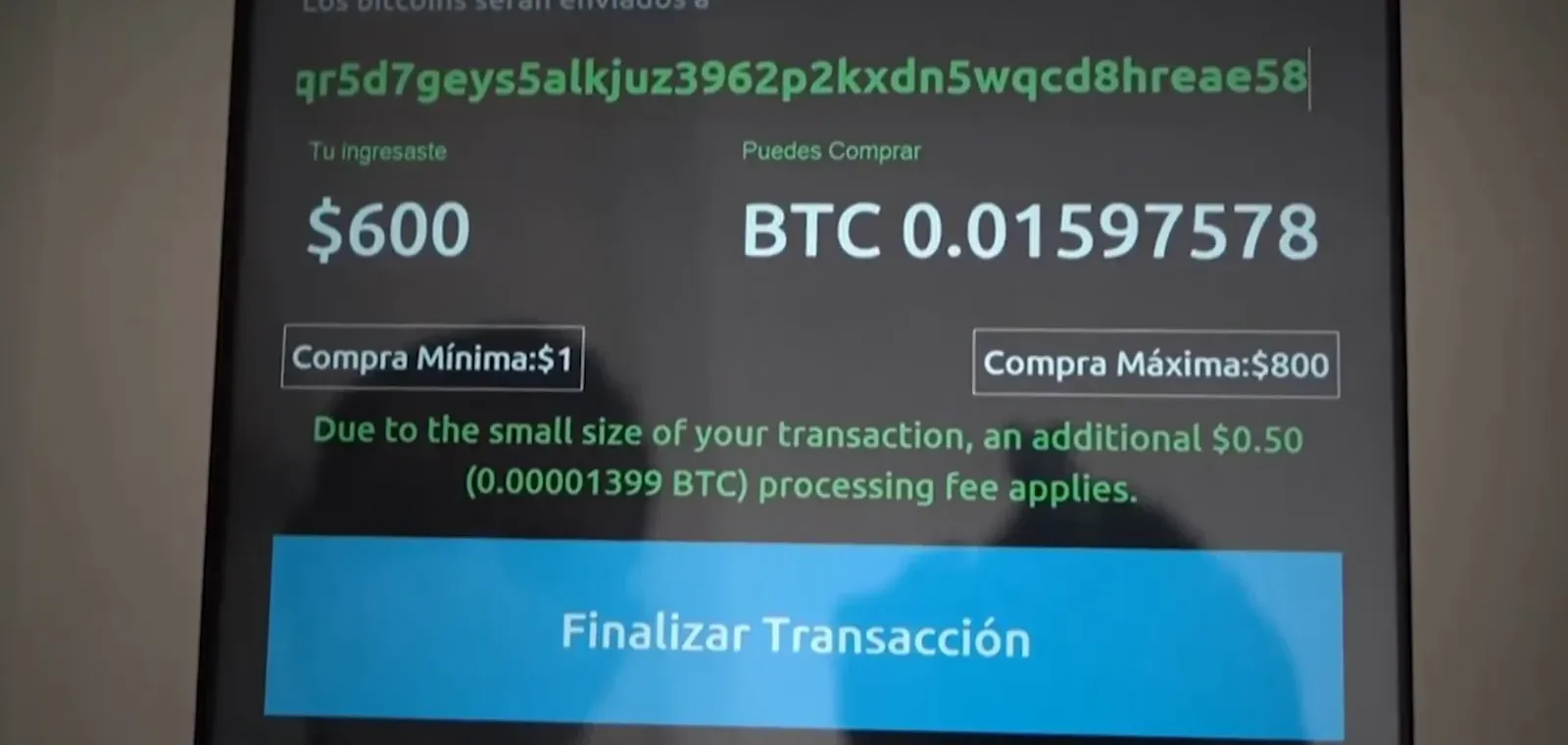 Chivo wallet screen converting 600 dollars into 0.01597578 BTC with a 0.50 processing-fee notice, the government app behind El Salvador's 30 dollar signup promotion Chivo wallet screen converting 600 dollars into 0.01597578 BTC with a 0.50 processing-fee notice, the government app behind El Salvador's 30 dollar signup promotion