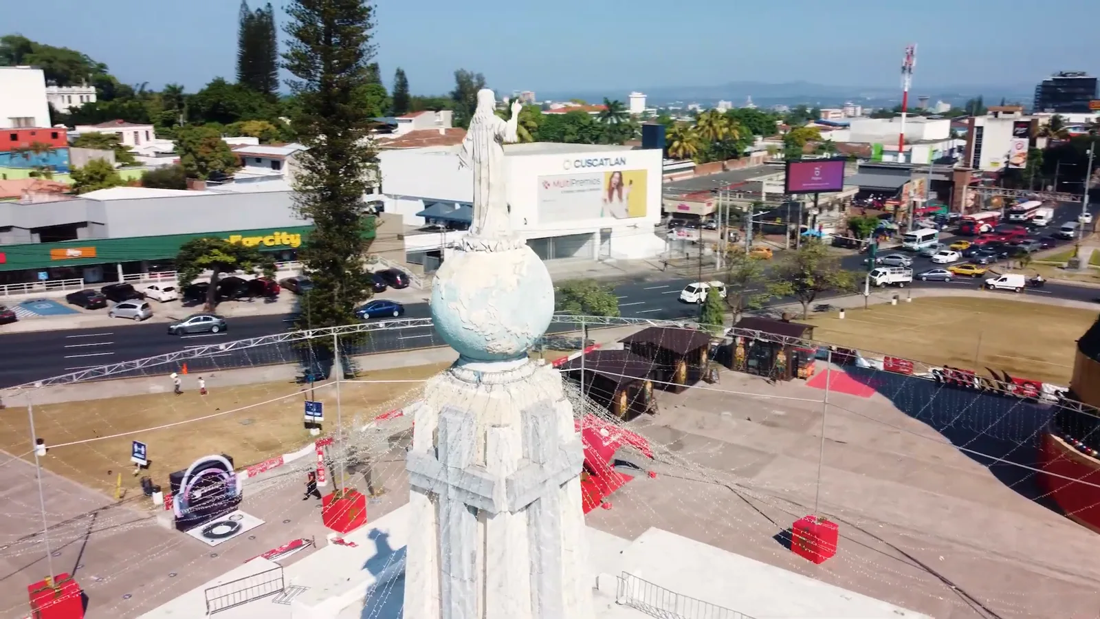 Aerial view of the Monumento al Divino Salvador del Mundo on its globe monument overlooking San Salvador, capital of the dollarized country that passed the 2021 bitcoin law Aerial view of the Monumento al Divino Salvador del Mundo on its globe monument overlooking San Salvador, capital of the dollarized country that passed the 2021 bitcoin law