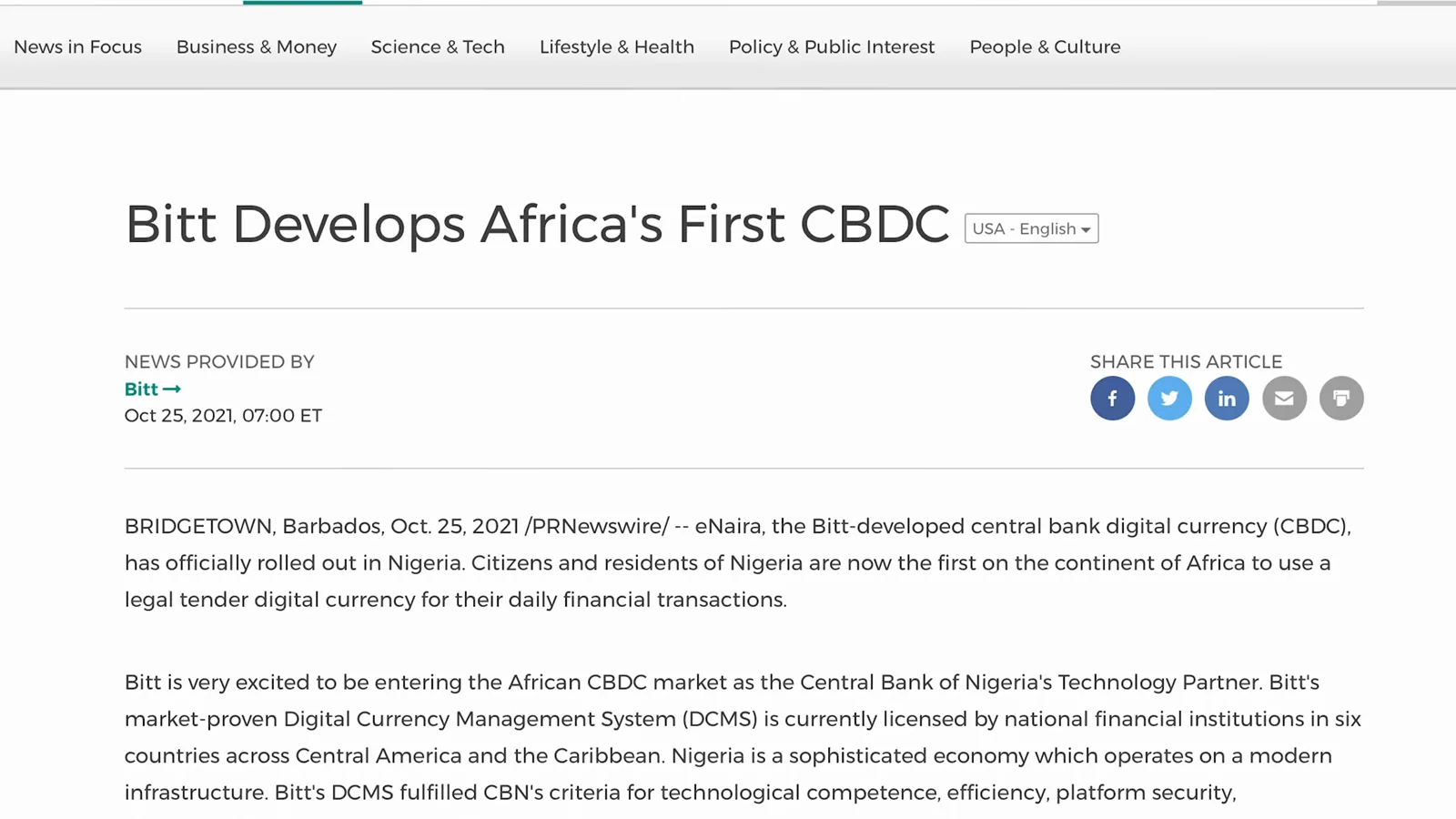 PRNewswire article titled Bitt Develops Africa's First CBDC announcing Bitt Inc as the eNaira technology partner on October 25, 2021