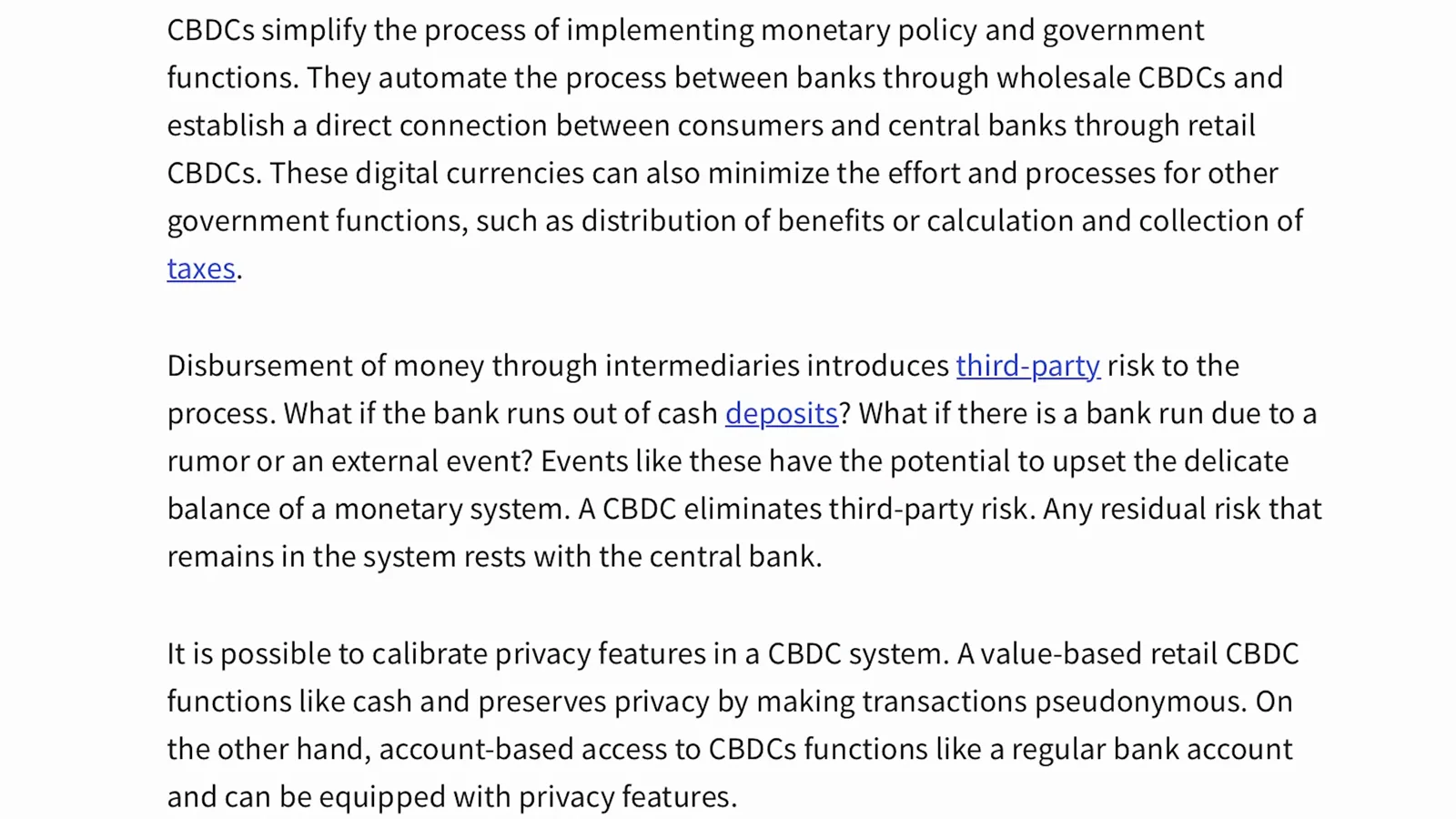 CBDC design document explaining that a value-based retail CBDC preserves privacy by making transactions pseudonymous