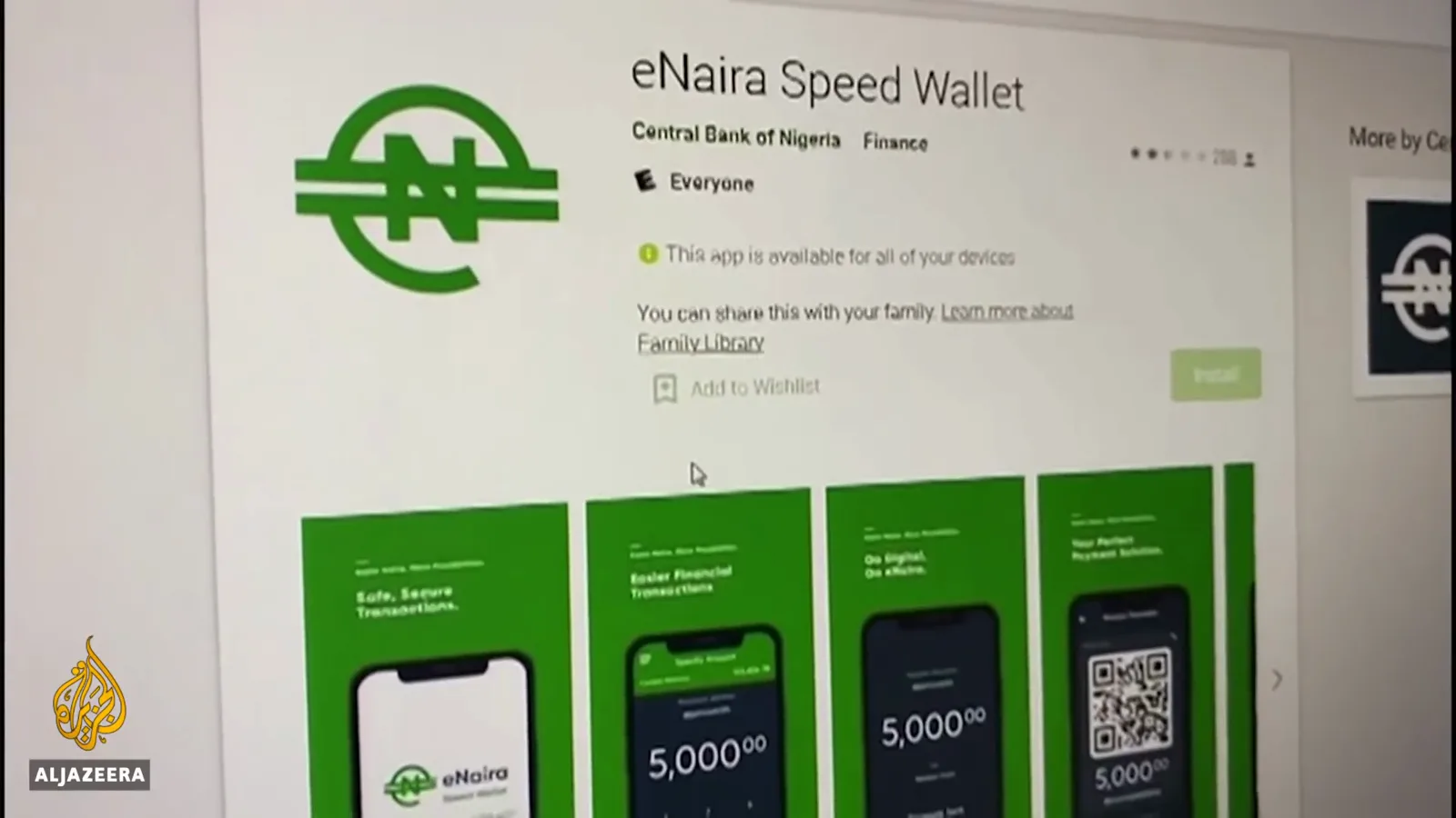 eNaira app Google Play page on a desktop screen showing the 5,000 naira wallet mockup, QR code and Same Naira More Possibilities tagline