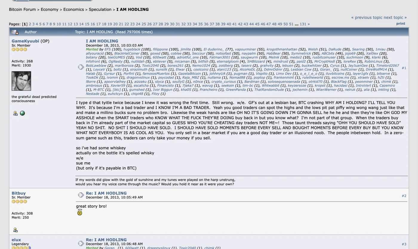 BitcoinTalk forum thread 375643 titled I AM HODLING, opened by user GameKyuubi on December 18, 2013 at 10:03:03 AM, with the full typo-filled post and 131 pages of replies visible BitcoinTalk forum thread 375643 titled I AM HODLING, opened by user GameKyuubi on December 18, 2013 at 10:03:03 AM, with the full typo-filled post and 131 pages of replies visible