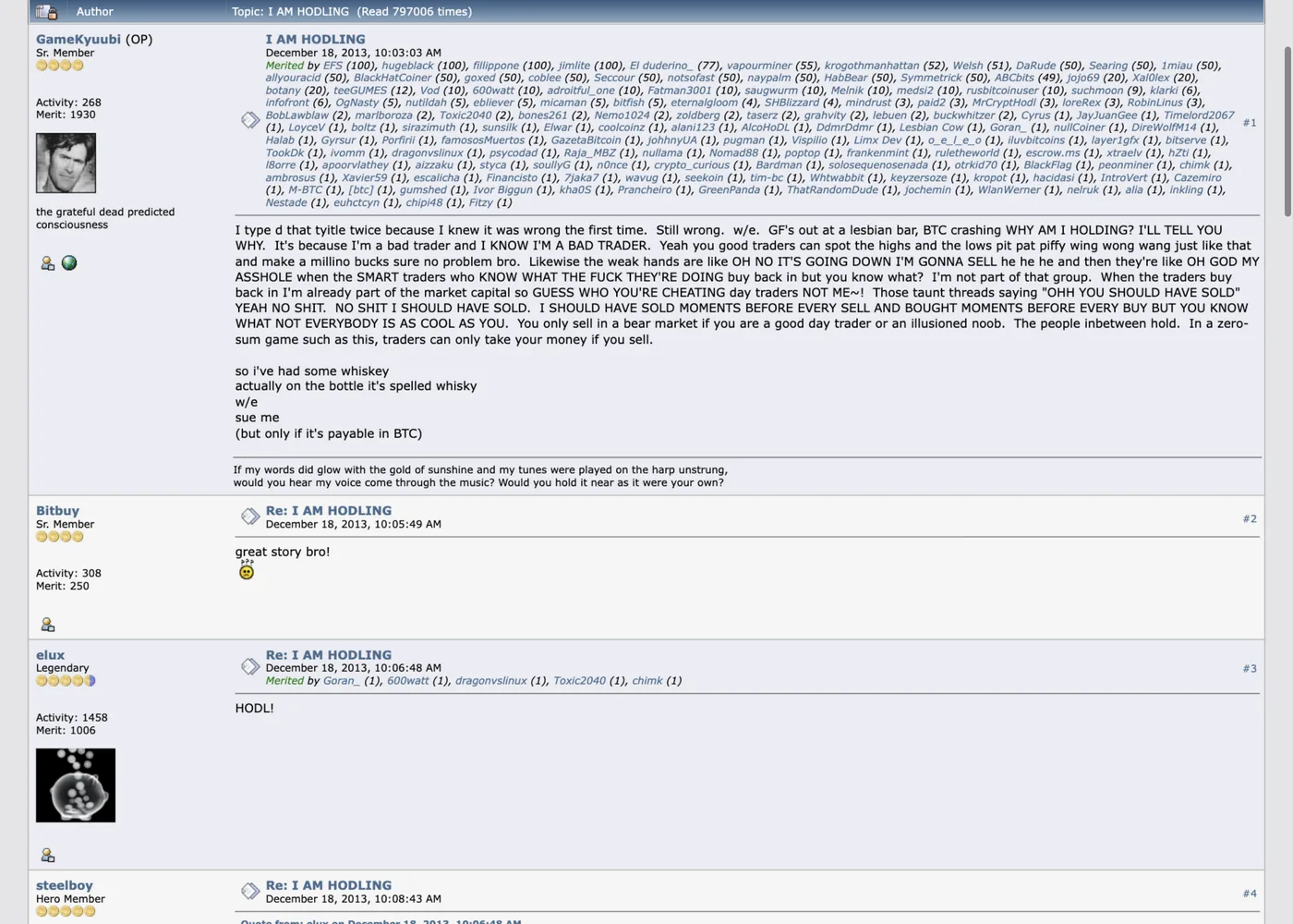 GameKyuubi's original I AM HODLING post ending with the whiskey confession and payable in BTC line, the Grateful Dead Ripple lyrics quoted beneath, and his the grateful dead predicted consciousness signature GameKyuubi's original I AM HODLING post ending with the whiskey confession and payable in BTC line, the Grateful Dead Ripple lyrics quoted beneath, and his the grateful dead predicted consciousness signature