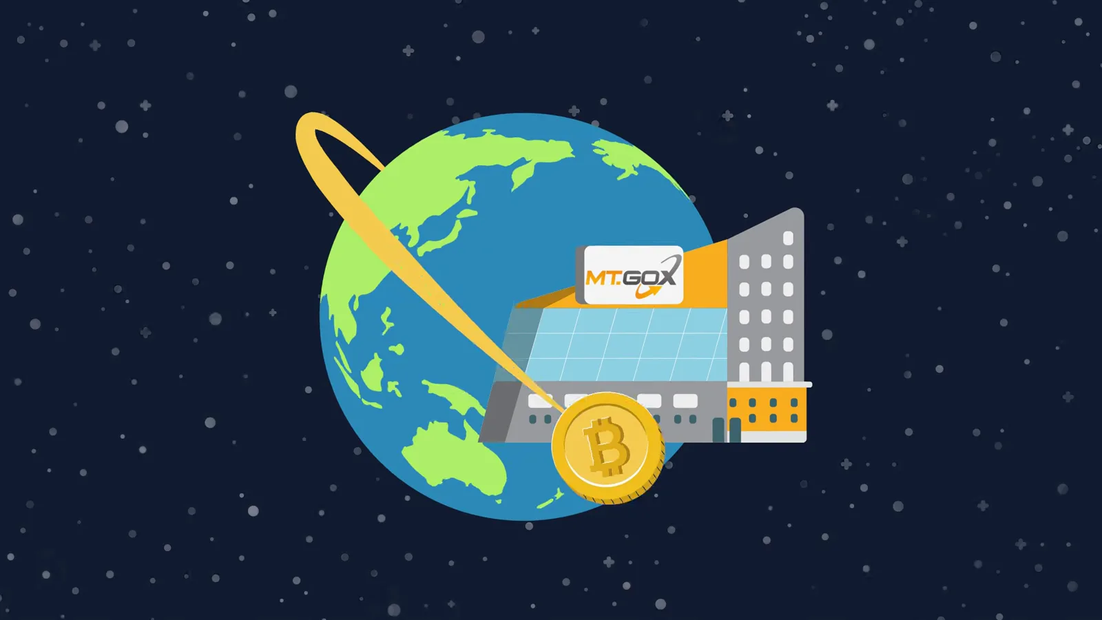 Mt. Gox building circling the globe with a Bitcoin coin, illustrating its 70 percent share of worldwide Bitcoin trading volume Mt. Gox building circling the globe with a Bitcoin coin, illustrating its 70 percent share of worldwide Bitcoin trading volume