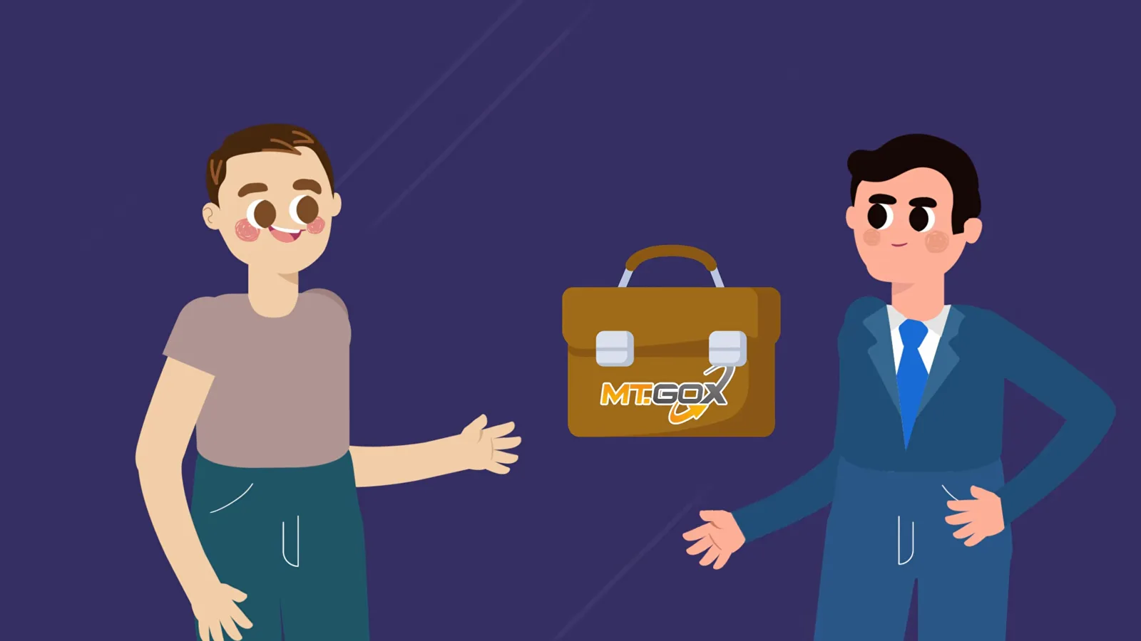 Cartoon of Jed McCaleb handing the Mt. Gox briefcase to Mark Karpeles in the 2011 sale of the Bitcoin exchange Cartoon of Jed McCaleb handing the Mt. Gox briefcase to Mark Karpeles in the 2011 sale of the Bitcoin exchange