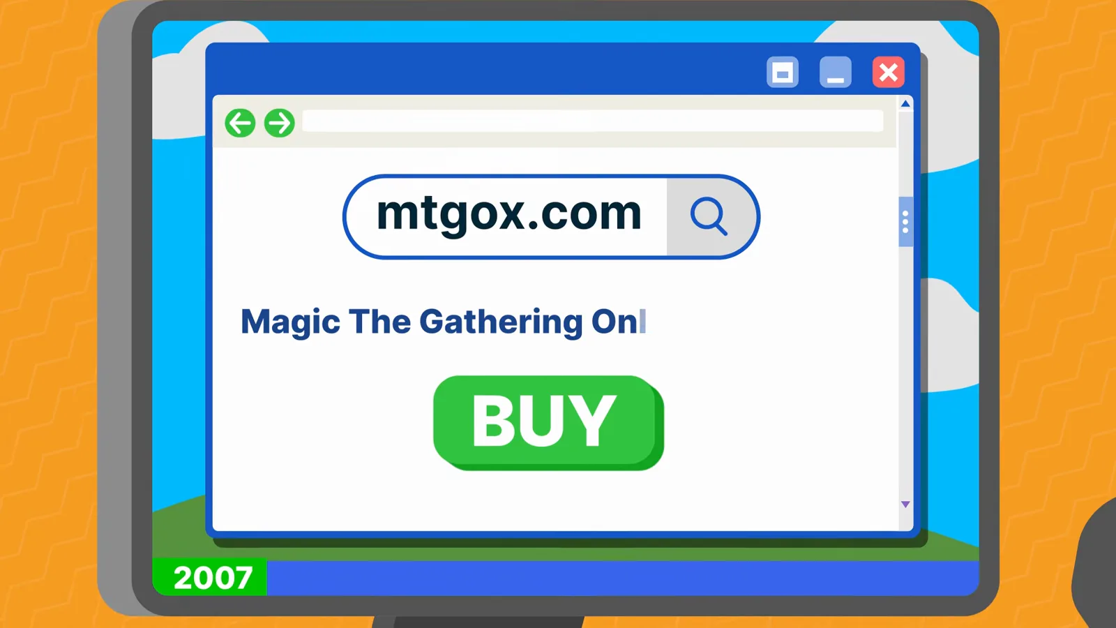 Browser window showing mtgox.com in 2007 as the Magic The Gathering Online Exchange card-trading site with a BUY button Browser window showing mtgox.com in 2007 as the Magic The Gathering Online Exchange card-trading site with a BUY button
