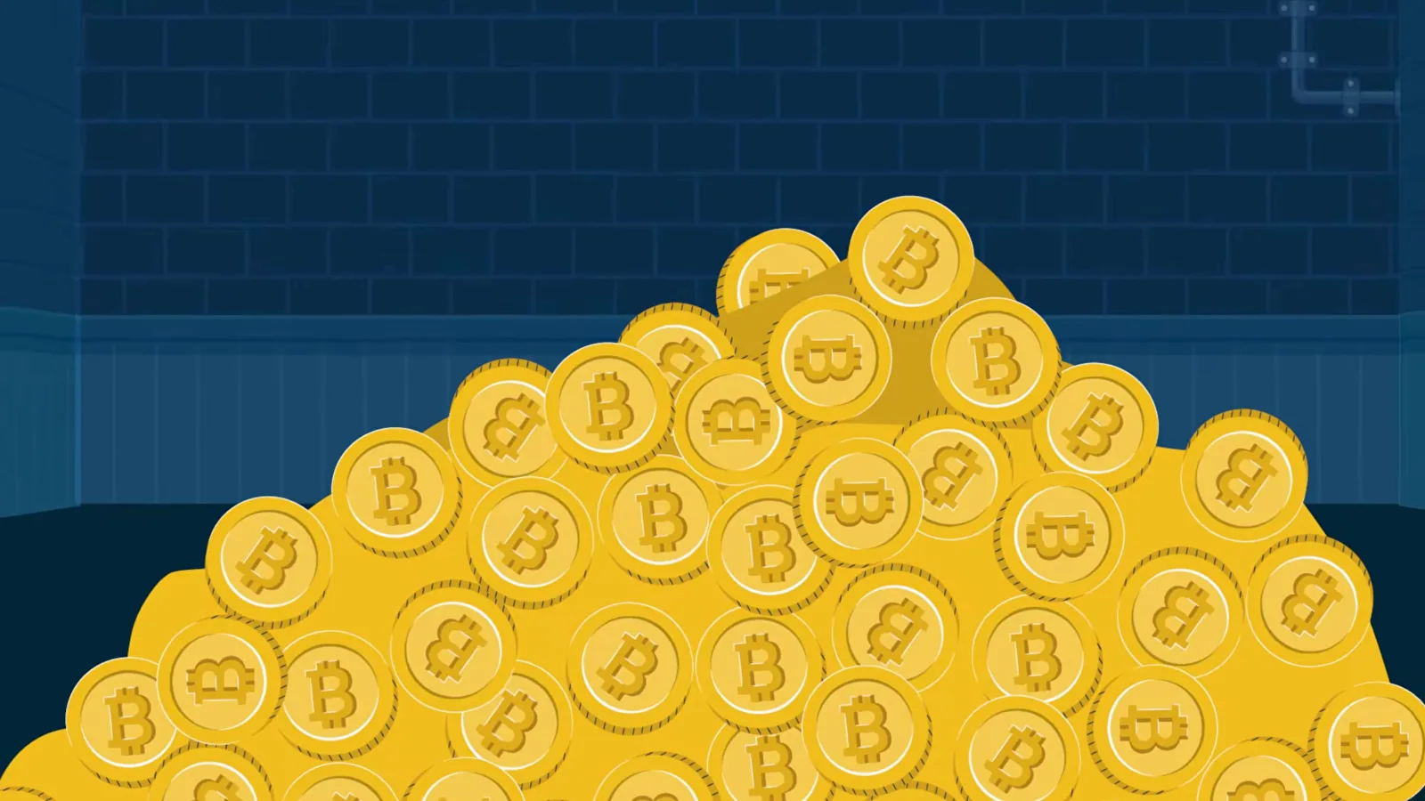 Dark vault pile of gold Bitcoin coins representing the 850,000 missing BTC admitted in the Mt. Gox bankruptcy filing Dark vault pile of gold Bitcoin coins representing the 850,000 missing BTC admitted in the Mt. Gox bankruptcy filing