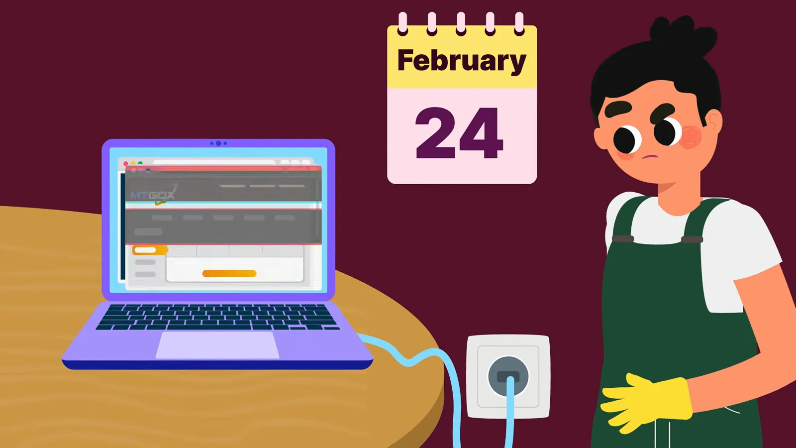 February 24 calendar page beside an unplugged laptop, the day Mt. Gox suspended trading and went offline in 2014 February 24 calendar page beside an unplugged laptop, the day Mt. Gox suspended trading and went offline in 2014
