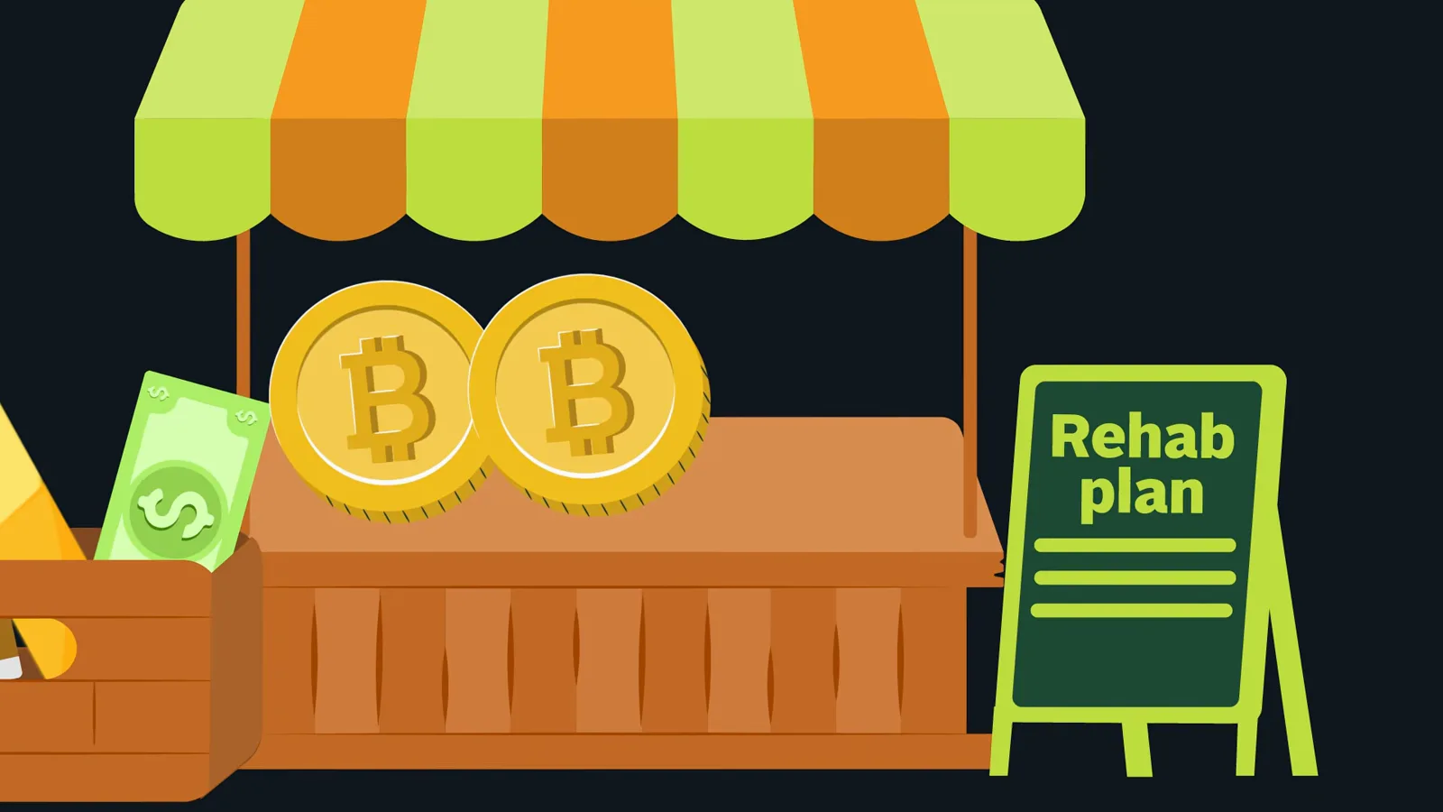 Market stall selling stacks of Bitcoin with a Rehab plan signboard, illustrating asset sales under the Mt. Gox civil rehabilitation process Market stall selling stacks of Bitcoin with a Rehab plan signboard, illustrating asset sales under the Mt. Gox civil rehabilitation process