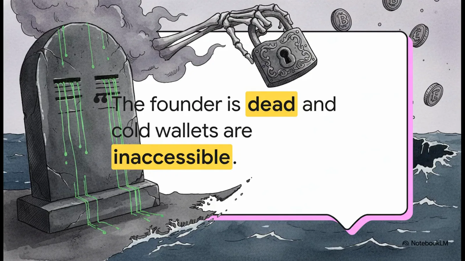 Skeleton hand clutching a padlock above a storm-lashed tombstone beside the announcement that the founder was dead and the cold wallets inaccessible Skeleton hand clutching a padlock above a storm-lashed tombstone beside the announcement that the founder was dead and the cold wallets inaccessible