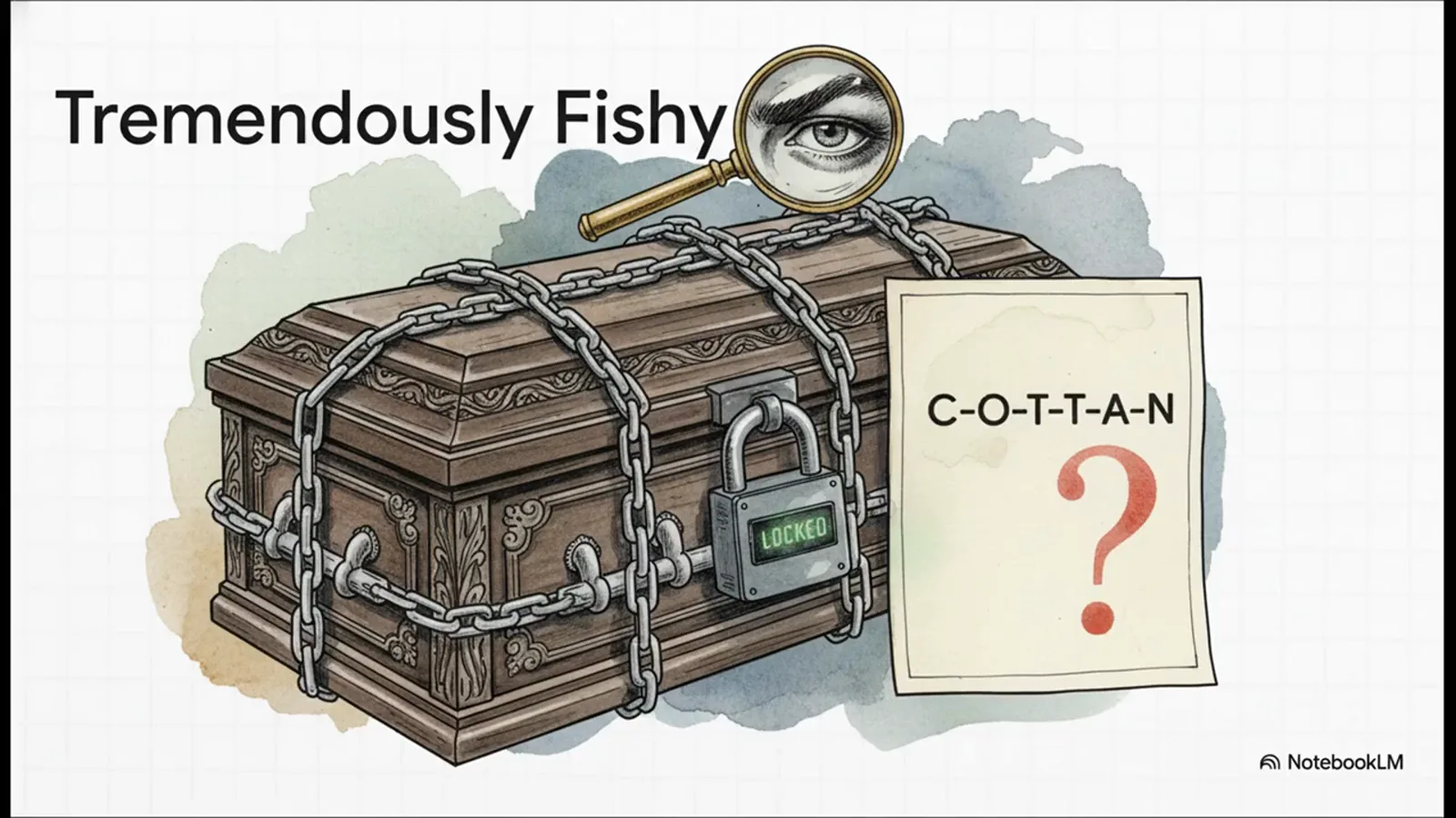 Chained and padlocked treasure chest under the heading Tremendously Fishy, next to a note spelling C-O-T-T-A-N the way Gerald Cotten's Indian death certificate misspelled his name Chained and padlocked treasure chest under the heading Tremendously Fishy, next to a note spelling C-O-T-T-A-N the way Gerald Cotten's Indian death certificate misspelled his name