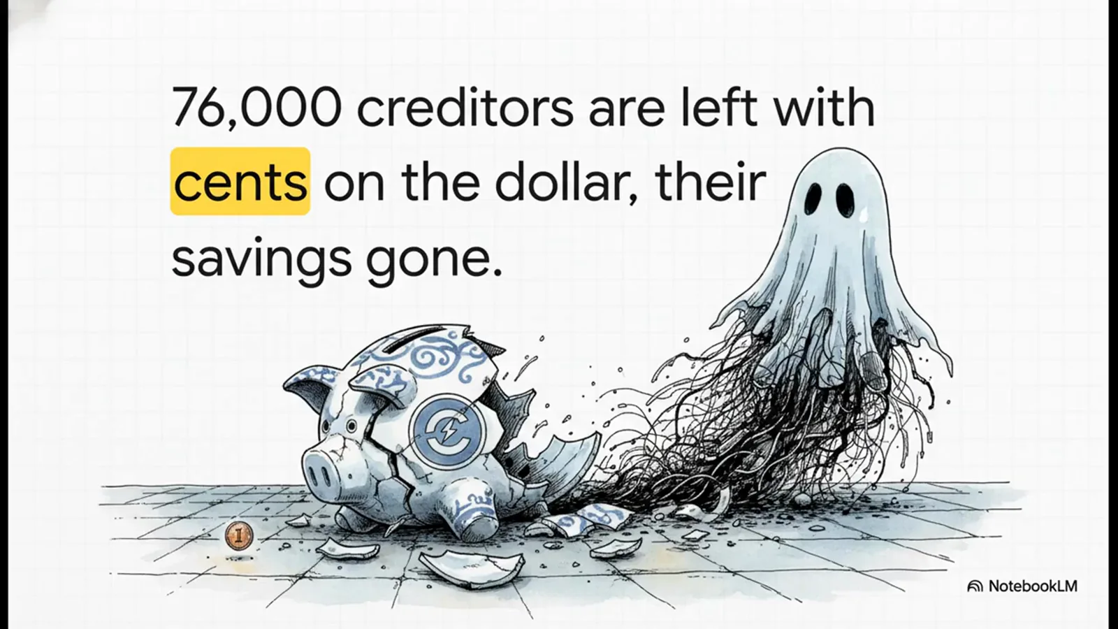 Shattered porcelain piggy bank leaking a ghost beside the finding that 76,000 creditors were left with cents on the dollar Shattered porcelain piggy bank leaking a ghost beside the finding that 76,000 creditors were left with cents on the dollar