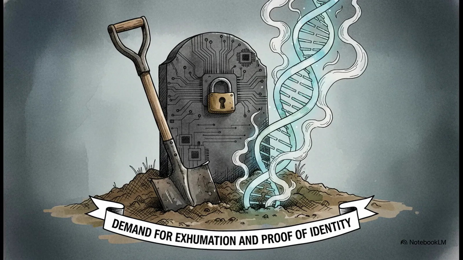 DNA strand rising from a circuit-patterned gravestone between a shovel and a banner demanding exhumation and proof of identity DNA strand rising from a circuit-patterned gravestone between a shovel and a banner demanding exhumation and proof of identity