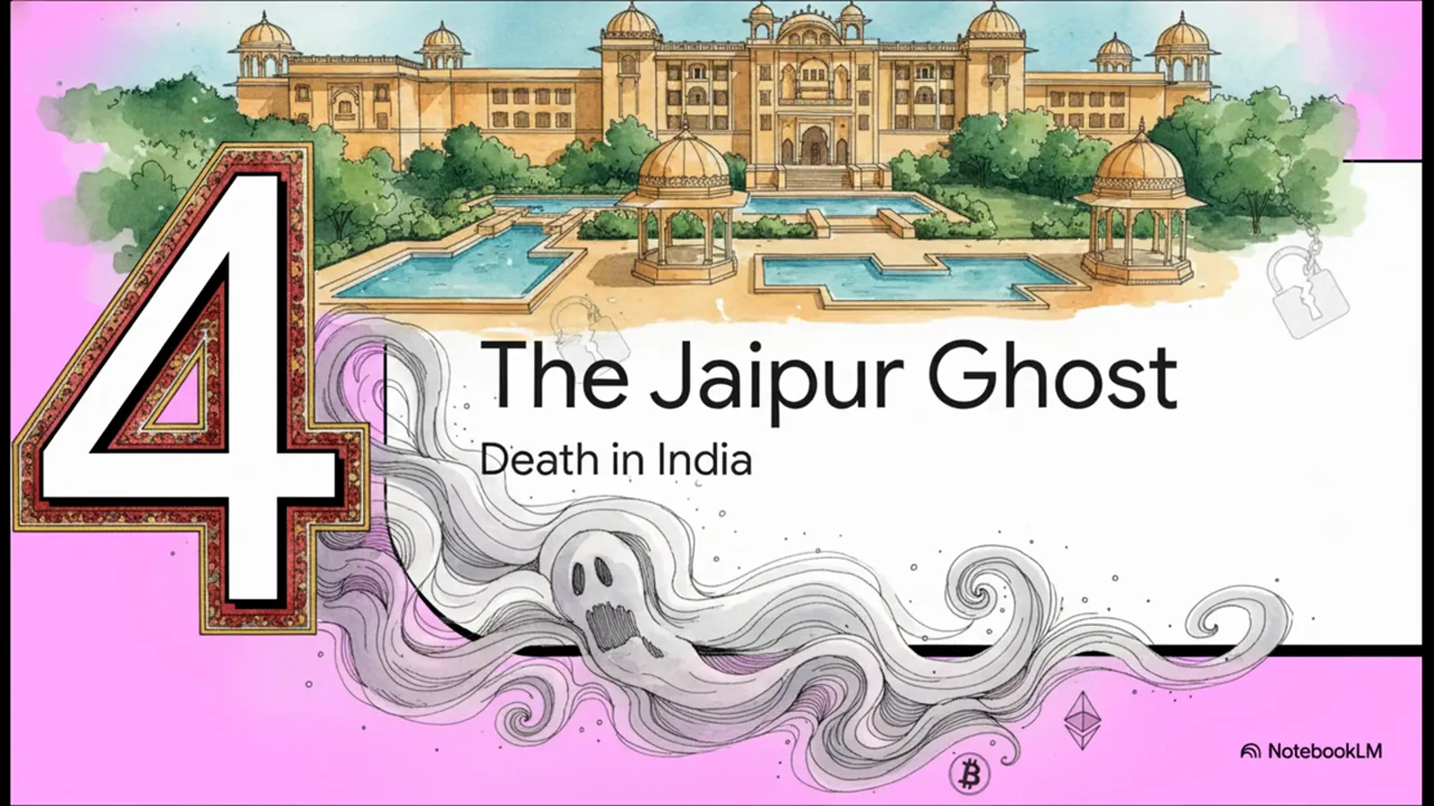 The Jaipur Ghost chapter card pairing a Rajasthani palace watercolor with a drifting specter above the words Death in India The Jaipur Ghost chapter card pairing a Rajasthani palace watercolor with a drifting specter above the words Death in India