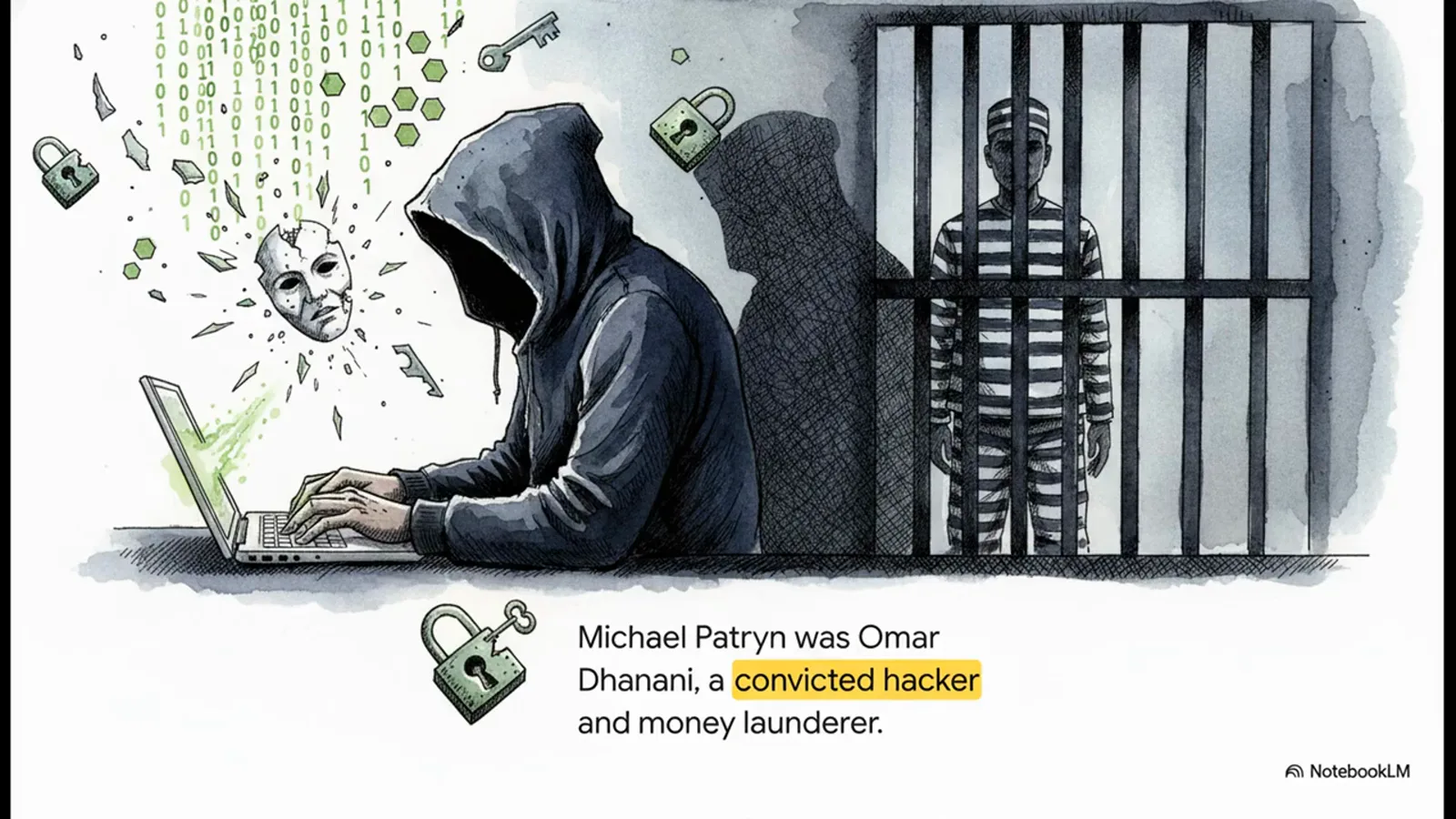 Hooded figure typing at a laptop behind prison bars above the caption naming Michael Patryn as Omar Dhanani, a convicted hacker and money launderer Hooded figure typing at a laptop behind prison bars above the caption naming Michael Patryn as Omar Dhanani, a convicted hacker and money launderer