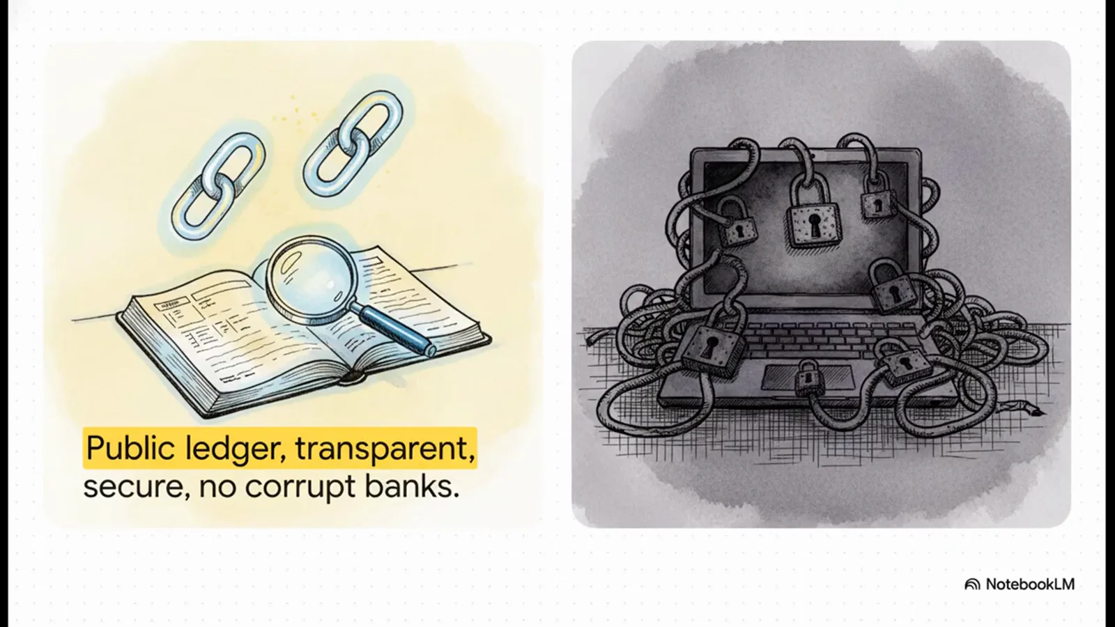 Watercolor ledger book under a magnifying glass beside a laptop wrapped in chains and padlocks, illustrating the public, transparent promise QuadrigaCX sold its customers Watercolor ledger book under a magnifying glass beside a laptop wrapped in chains and padlocks, illustrating the public, transparent promise QuadrigaCX sold its customers