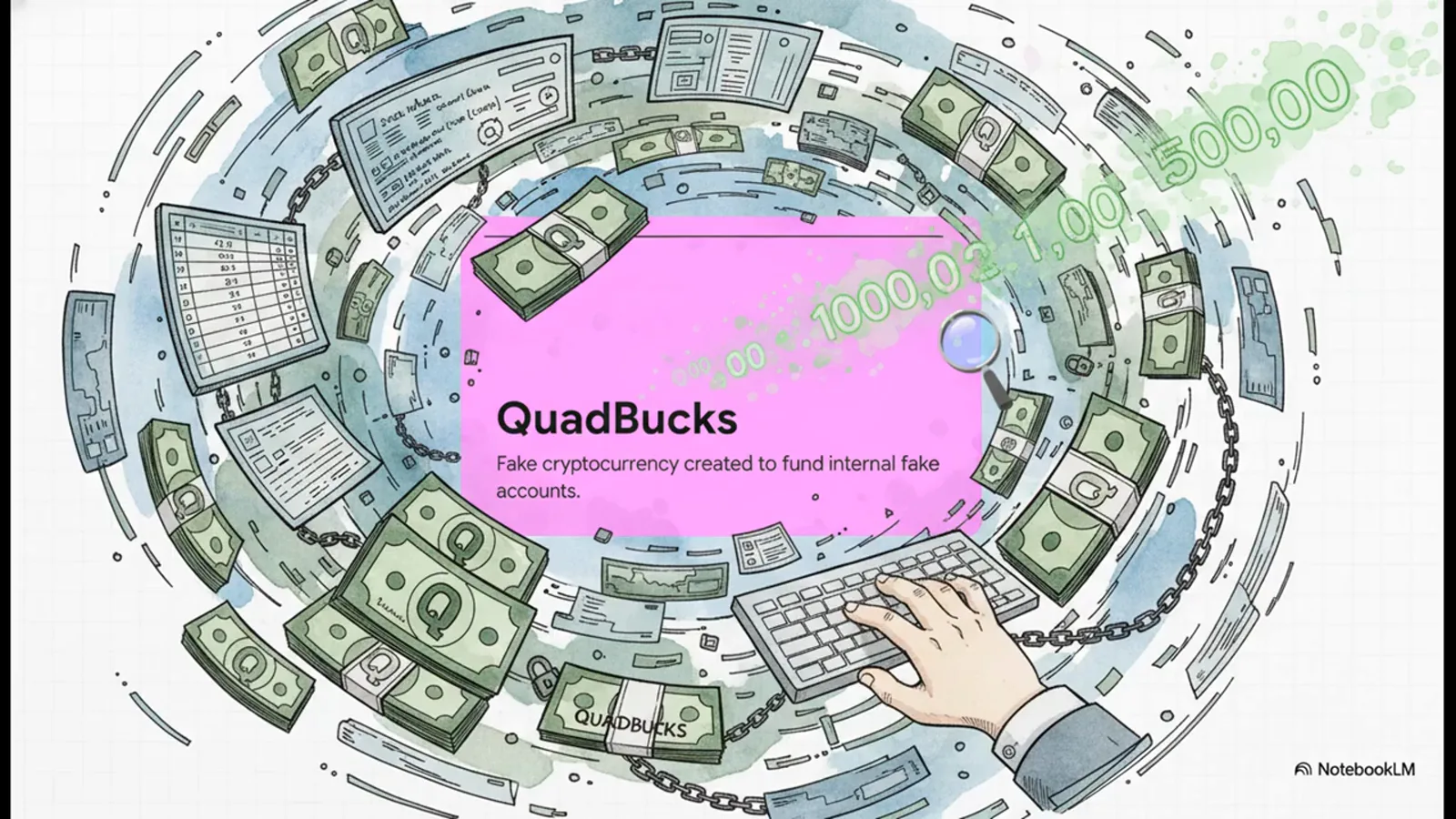Vortex of banknotes, spreadsheets and keyboards spinning around a QuadBucks card that reads fake cryptocurrency created to fund internal fake accounts Vortex of banknotes, spreadsheets and keyboards spinning around a QuadBucks card that reads fake cryptocurrency created to fund internal fake accounts