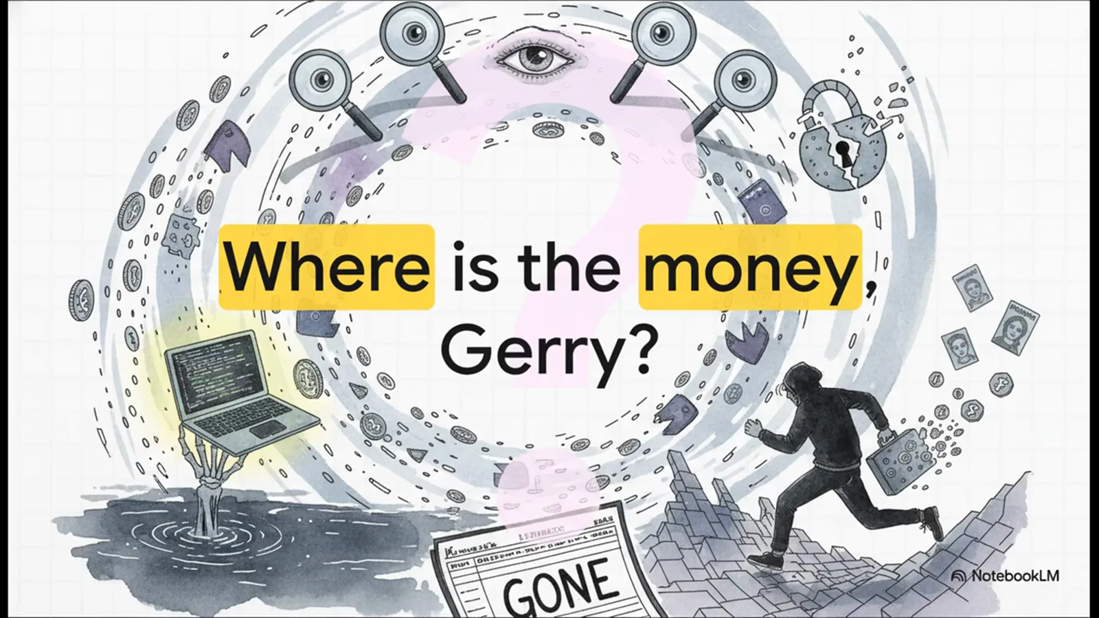 Silhouette sprinting from a collapsing maze of coins past a newspaper stamped GONE under the unanswered question Where is the money, Gerry Silhouette sprinting from a collapsing maze of coins past a newspaper stamped GONE under the unanswered question Where is the money, Gerry