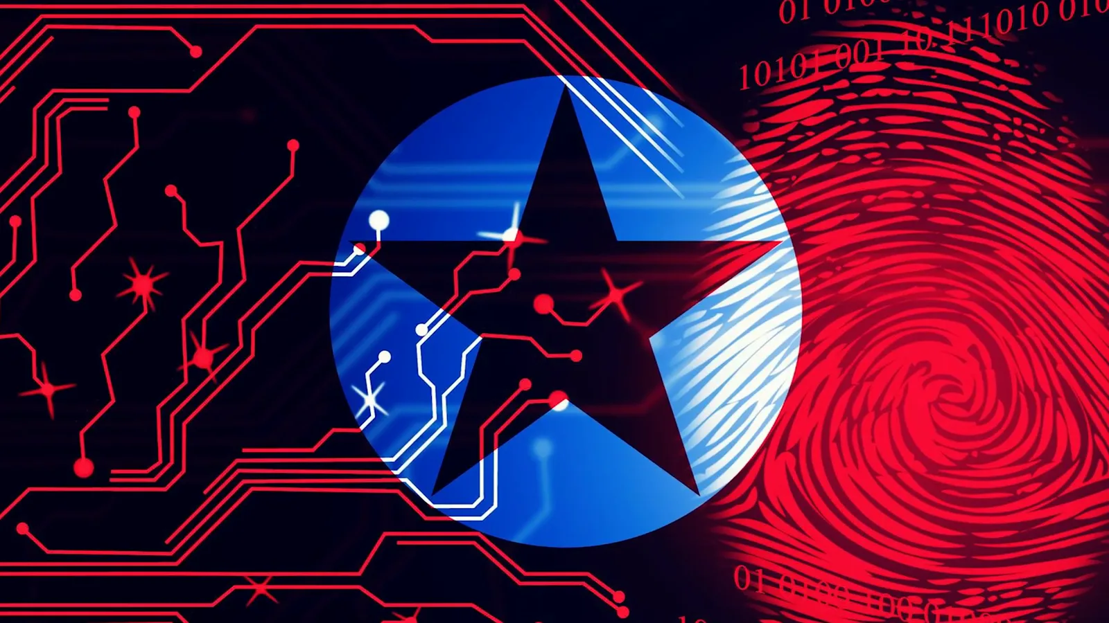 North Korean star rendered in blue and red circuitry beside a fingerprint, marking the FBI and Treasury attribution of the Ronin hack to the Lazarus Group North Korean star rendered in blue and red circuitry beside a fingerprint, marking the FBI and Treasury attribution of the Ronin hack to the Lazarus Group