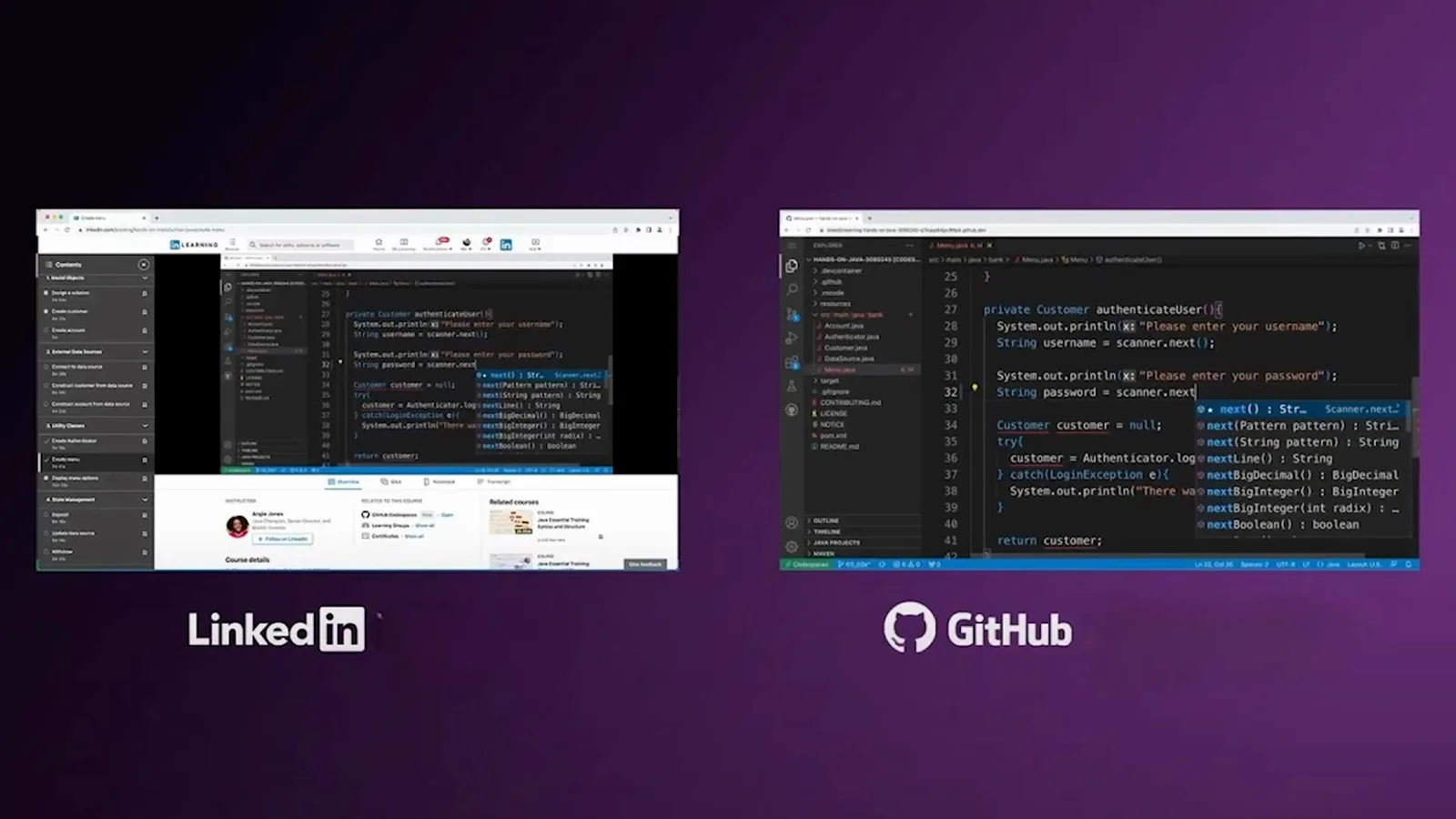Two labelled browser windows marked LinkedIn and GitHub on purple, showing how attackers profiled Sky Mavis staff before the fake hiring pitch Two labelled browser windows marked LinkedIn and GitHub on purple, showing how attackers profiled Sky Mavis staff before the fake hiring pitch