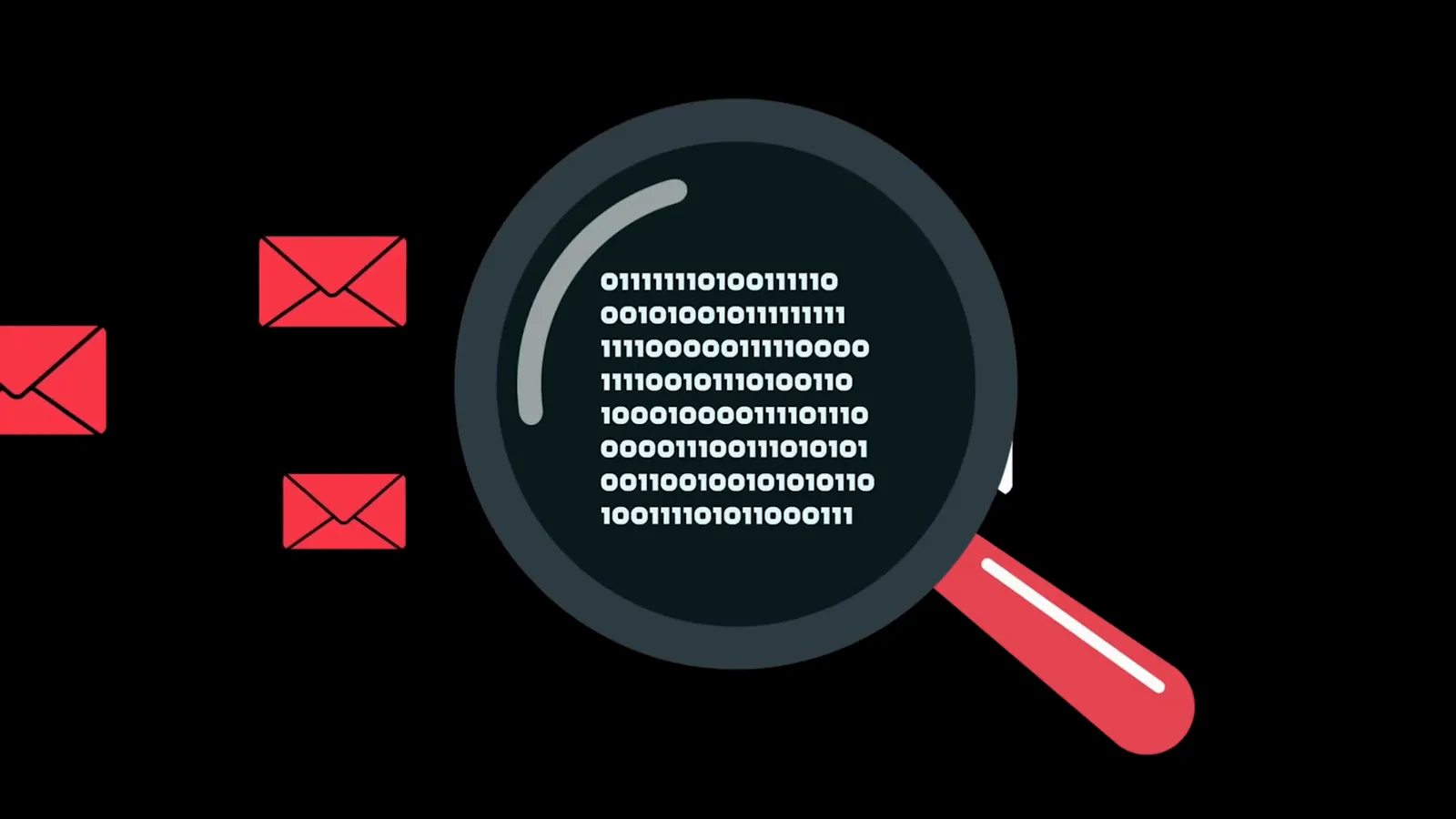 Envelopes beside a magnifying glass hovering over binary code, the habit of verifying an unexpected message before opening anything Envelopes beside a magnifying glass hovering over binary code, the habit of verifying an unexpected message before opening anything
