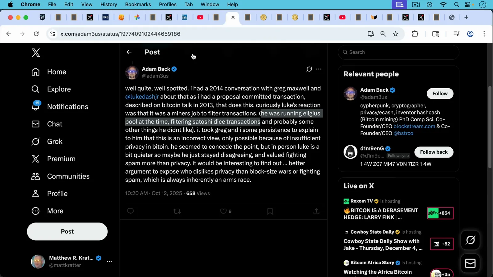 December 2025 post on X by Adam Back recalling Luke Dashjr's reaction to filtering gambling transactions from his mining pool and warning that the same designs soon filtered other things December 2025 post on X by Adam Back recalling Luke Dashjr's reaction to filtering gambling transactions from his mining pool and warning that the same designs soon filtered other things