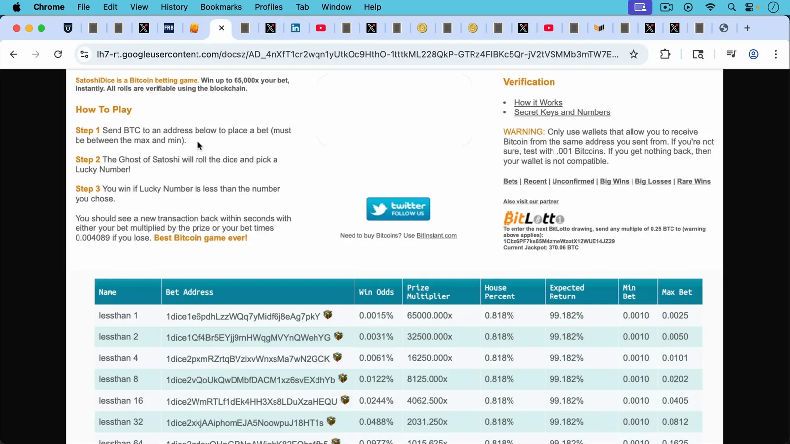 Archived SatoshiDice betting page listing the Leather 1 through 19 wager addresses with payout multipliers up to 65,536x and the roll-under Lucky Number rule Archived SatoshiDice betting page listing the Leather 1 through 19 wager addresses with payout multipliers up to 65,536x and the roll-under Lucky Number rule