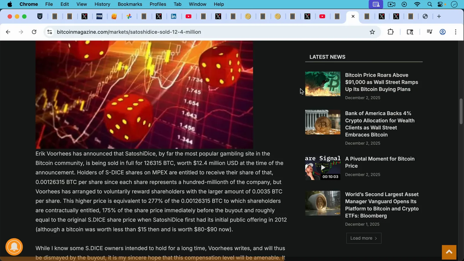 Bitcoin Magazine article announcing that SatoshiDice sold in full for 126,315 BTC worth about 12.4 million dollars, with S.DICE shareholders paid 0.00928 BTC per share Bitcoin Magazine article announcing that SatoshiDice sold in full for 126,315 BTC worth about 12.4 million dollars, with S.DICE shareholders paid 0.00928 BTC per share