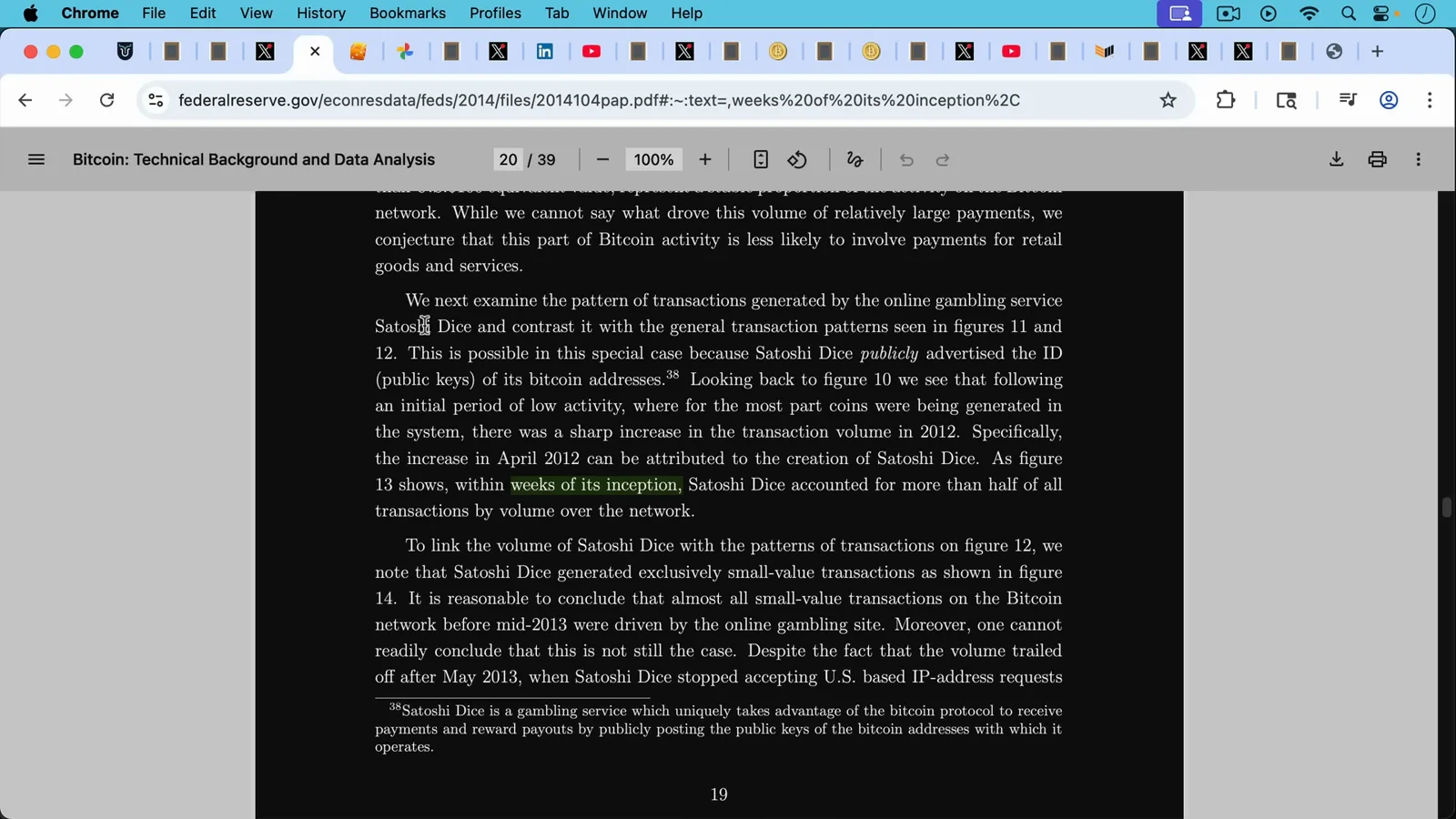 Page 19 of the Federal Reserve paper Bitcoin: Technical Background and Data Analysis, with the finding that within weeks of its inception Satoshi Dice exceeded half of all transaction volume marked in green Page 19 of the Federal Reserve paper Bitcoin: Technical Background and Data Analysis, with the finding that within weeks of its inception Satoshi Dice exceeded half of all transaction volume marked in green