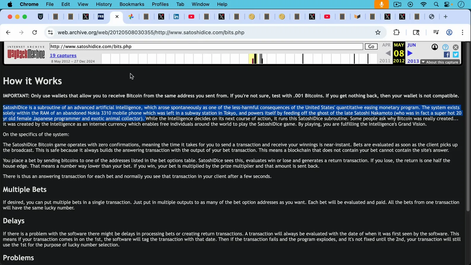 Wayback Machine capture of the SatoshiDice How it Works page introducing the house as an artificial intelligence living in a Nokia 3310 left in a Tokyo subway station Wayback Machine capture of the SatoshiDice How it Works page introducing the house as an artificial intelligence living in a Nokia 3310 left in a Tokyo subway station