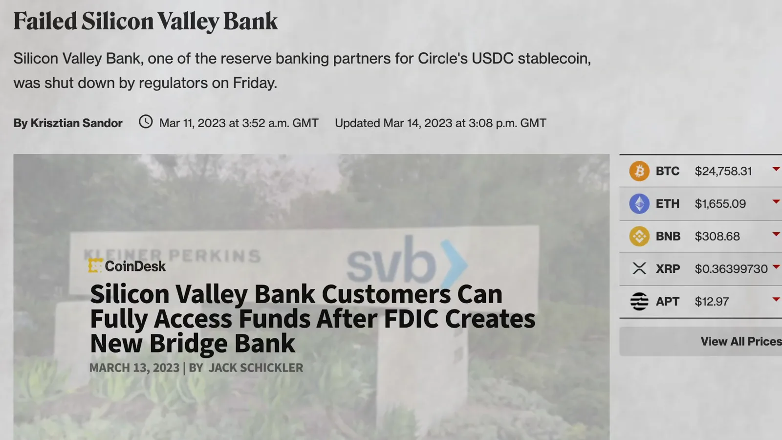 CoinDesk coverage headlined Failed Silicon Valley Bank describing SVB as one of the reserve banking partners for Circle's USDC stablecoin CoinDesk coverage headlined Failed Silicon Valley Bank describing SVB as one of the reserve banking partners for Circle's USDC stablecoin